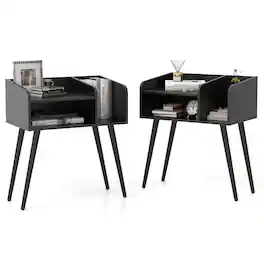 Costway - Set of 2 Mid Century Modern End Table with Open Shelves Metal Support Legs - Black