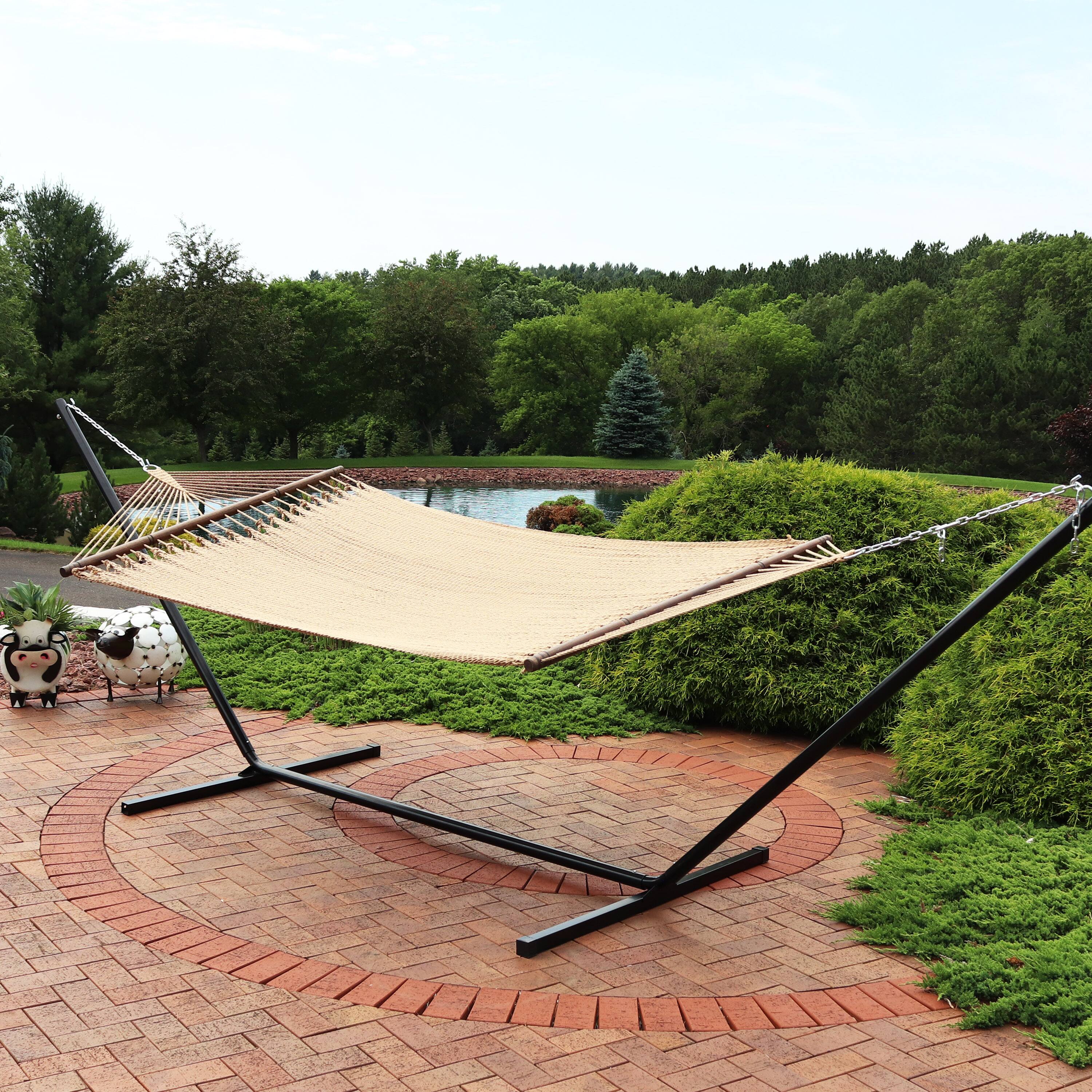 Alt View 3. Sunnydaze - 2-Person Polyester Rope Hammock with Steel Stand - Tan.
