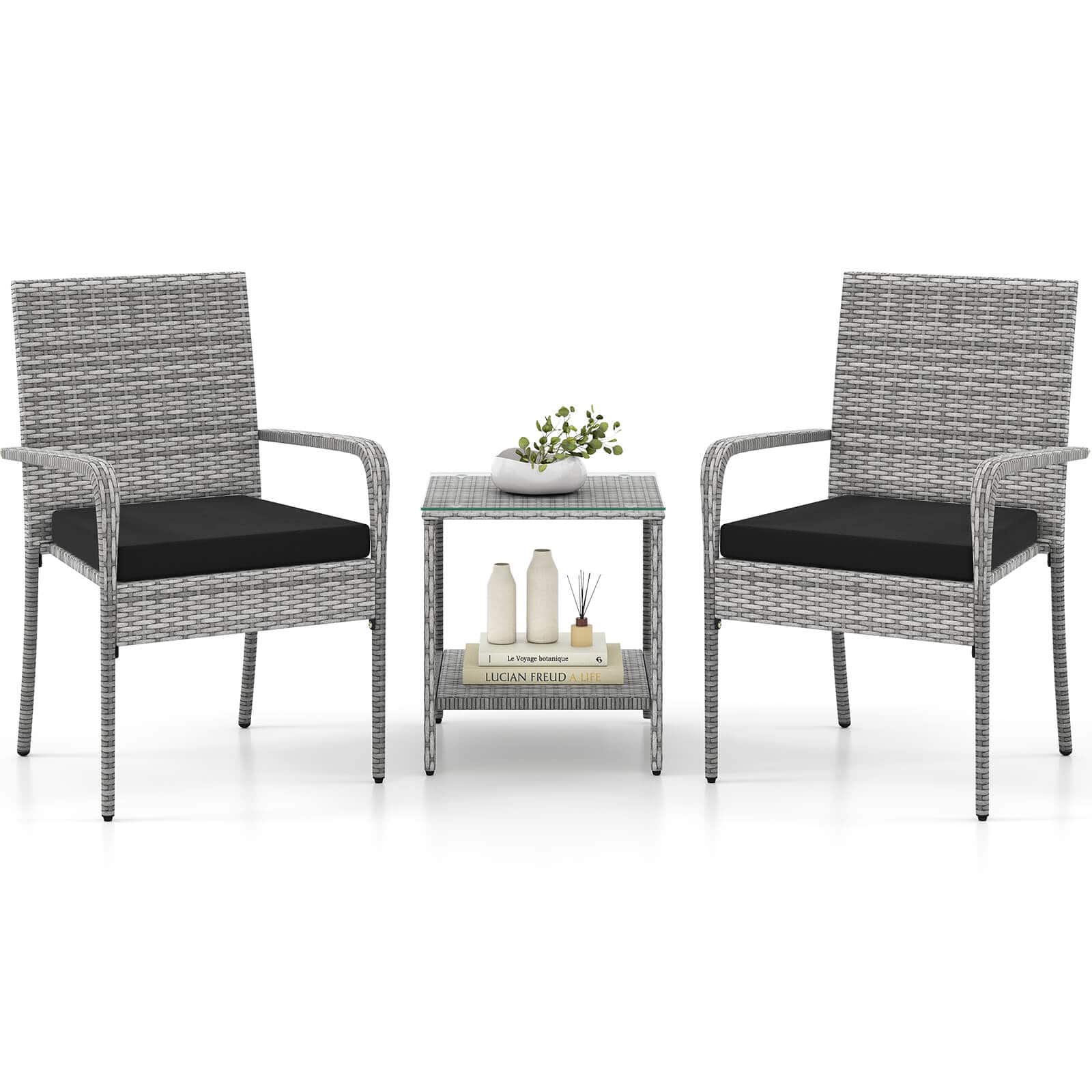 Costway - 3 PCS Patio Furniture Set with Seat Cushions & Tempered Glass Tabletop - Gray,Black