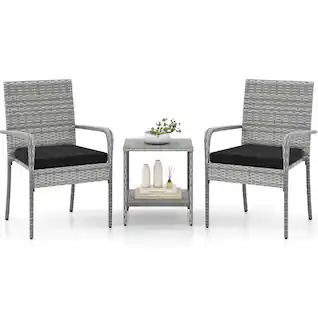 Costway - 3 PCS Patio Furniture Set with Seat Cushions & Tempered Glass Tabletop - Gray,Black