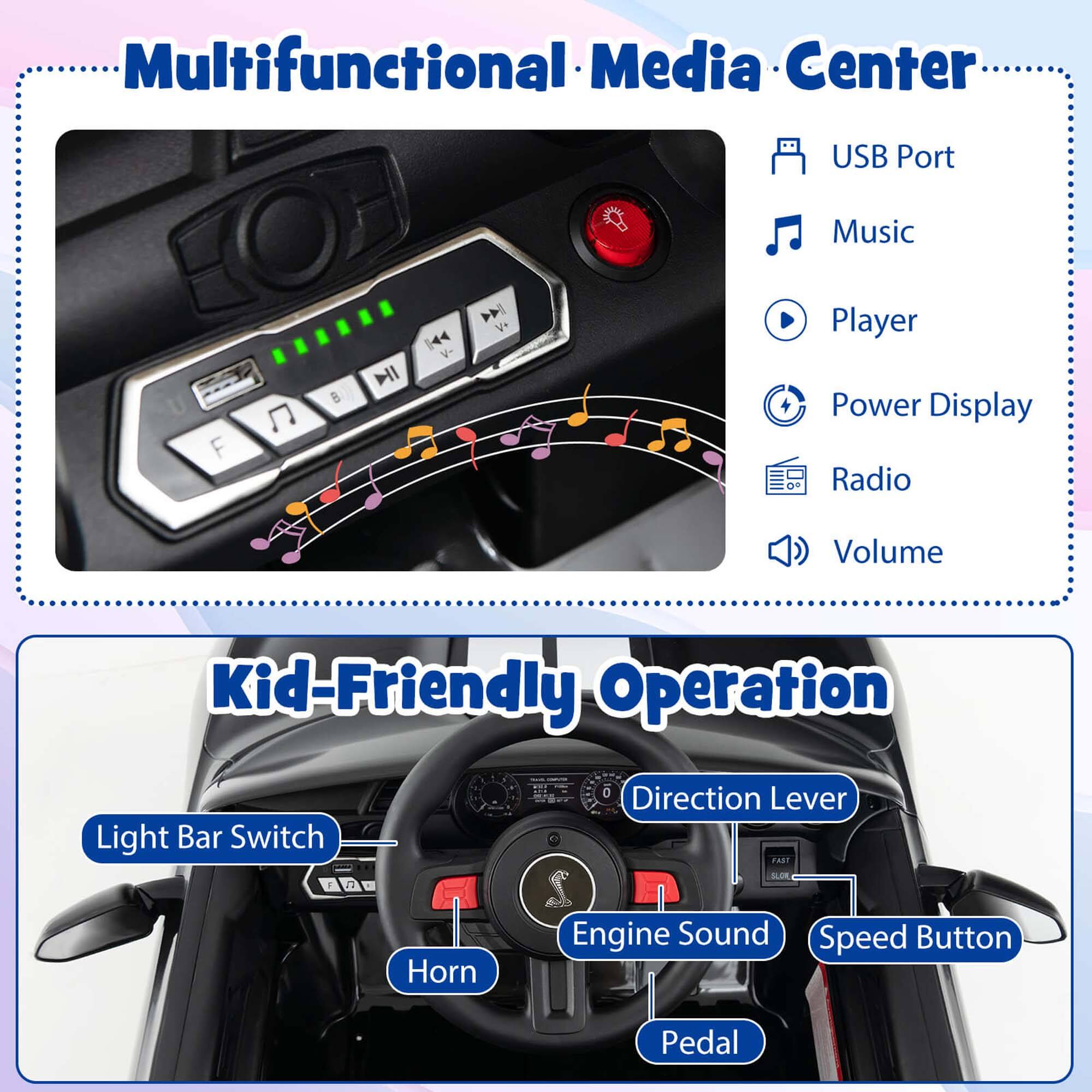Multifunctional Media Center

- USB Port
- Music
- Player
- Power Display
- Radio
- Volume

Kid-Friendly Operation

- Light Bar Switch
- Horn
- Direction Lever
- Engine Sound
- Speed Button
- Pedal