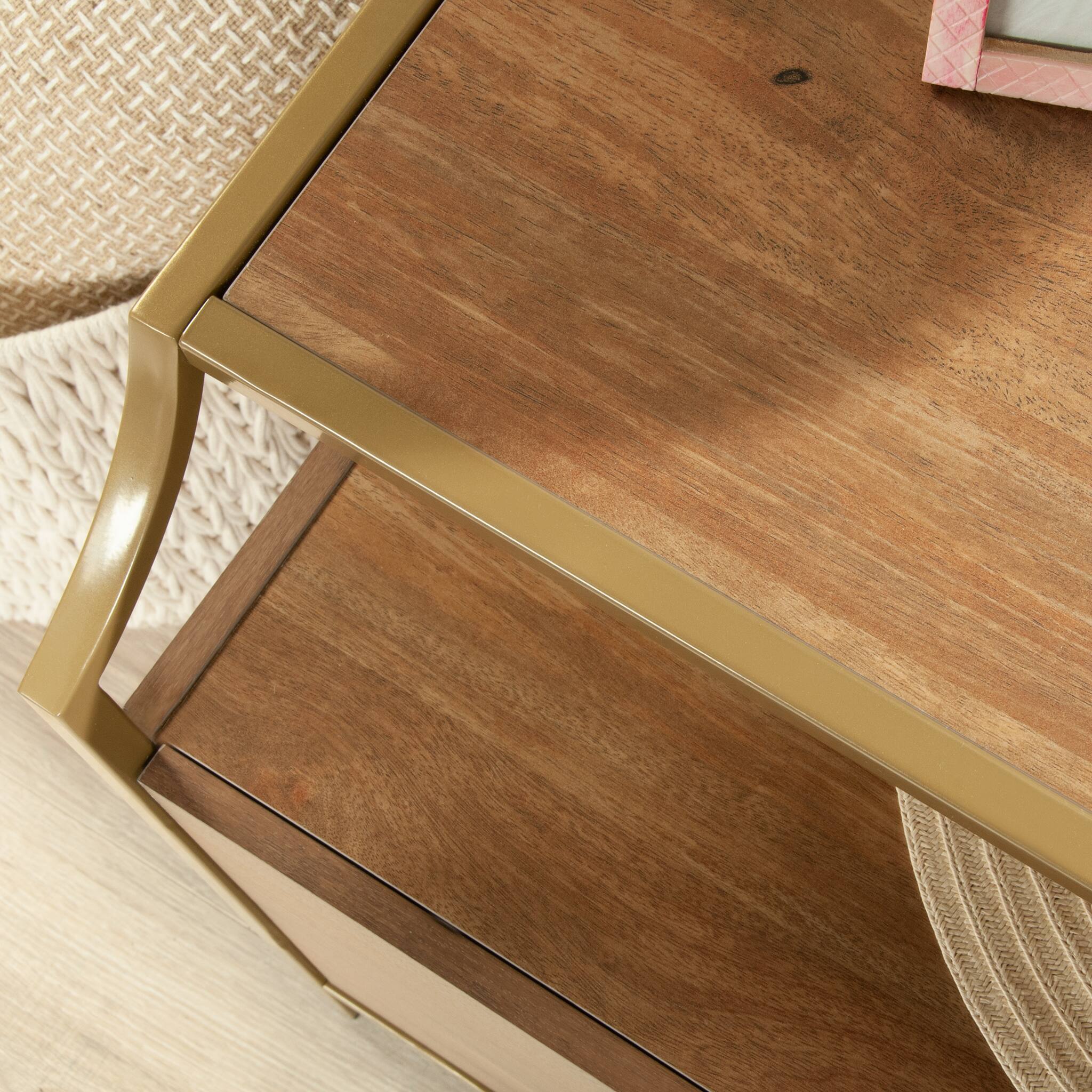 Angle. Forest'nSky - Brown Wood 4 drawer 60 in. Wide Chest of Drawers with Upper Shelf for Living Room - Brown.