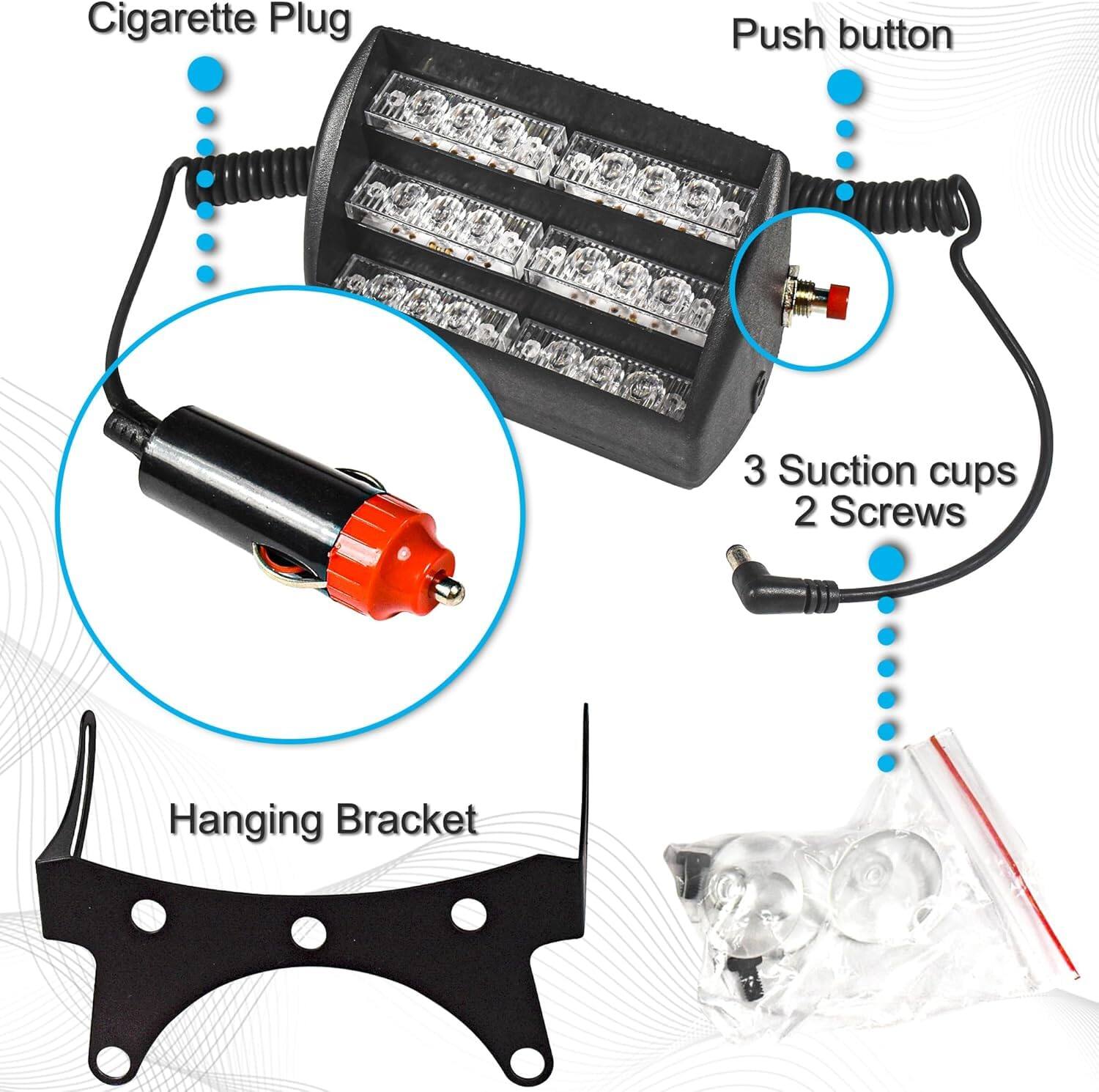 Cigarette Plug  
Push button  
3 Suction cups  
2 Screws  
Hanging Bracket