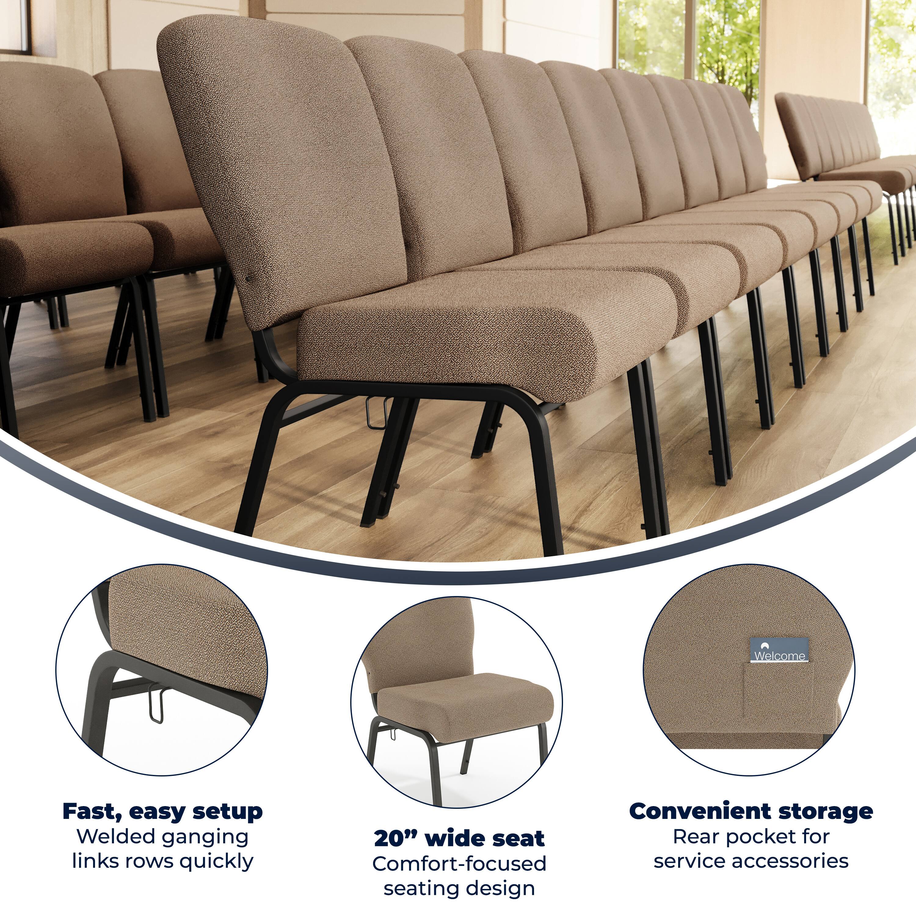 Welcome

Fast, easy setup
Welded ganging links rows quickly

20" wide seat
Comfort-focused seating design

Convenient storage
Rear pocket for service accessories