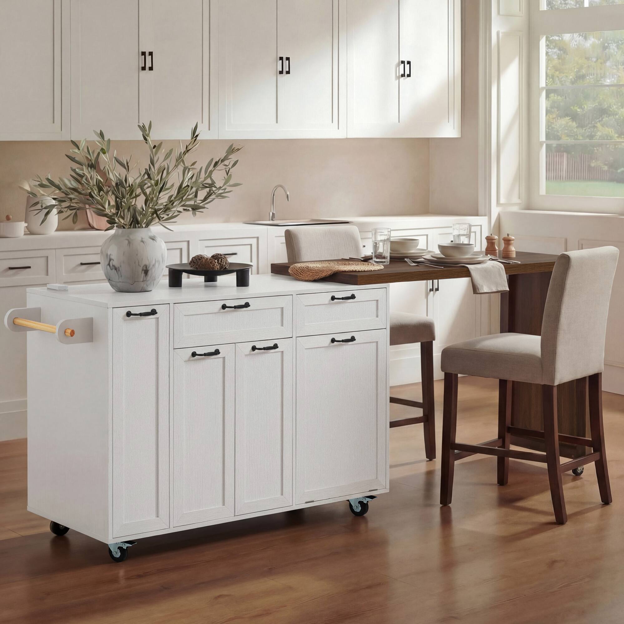 Angle. Whisen - 102" Extendable Dining Table, Rolling Island Cart with Trash Storage & Spice Rack for Dining Room - White.