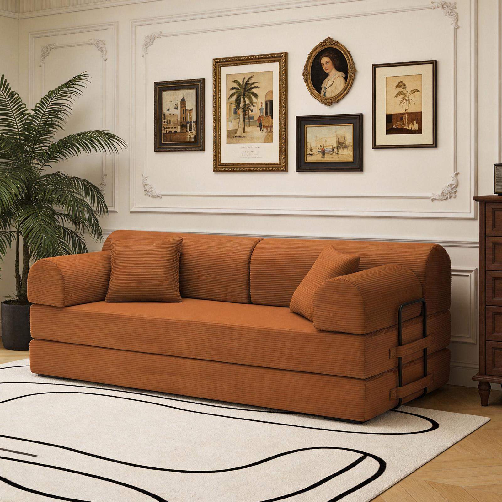 Left. Roomtec - Convertible Sleeper Sofa BedCorduroy Folding Mattress Couch with FixedShape Frame Floor Sofa Lounge Couch for Living - Orange.