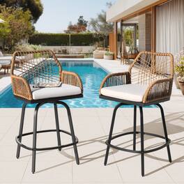 Nuu Garden - 2-Piece Twisted Rattan Patio Bar Stools Set with Cushions, Swivel Design - Beige