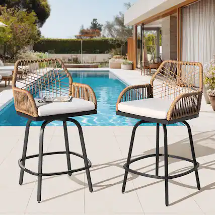 Front. Nuu Garden - 2-Piece Twisted Rattan Patio Bar Stools Set with Cushions, Swivel Design - Beige.