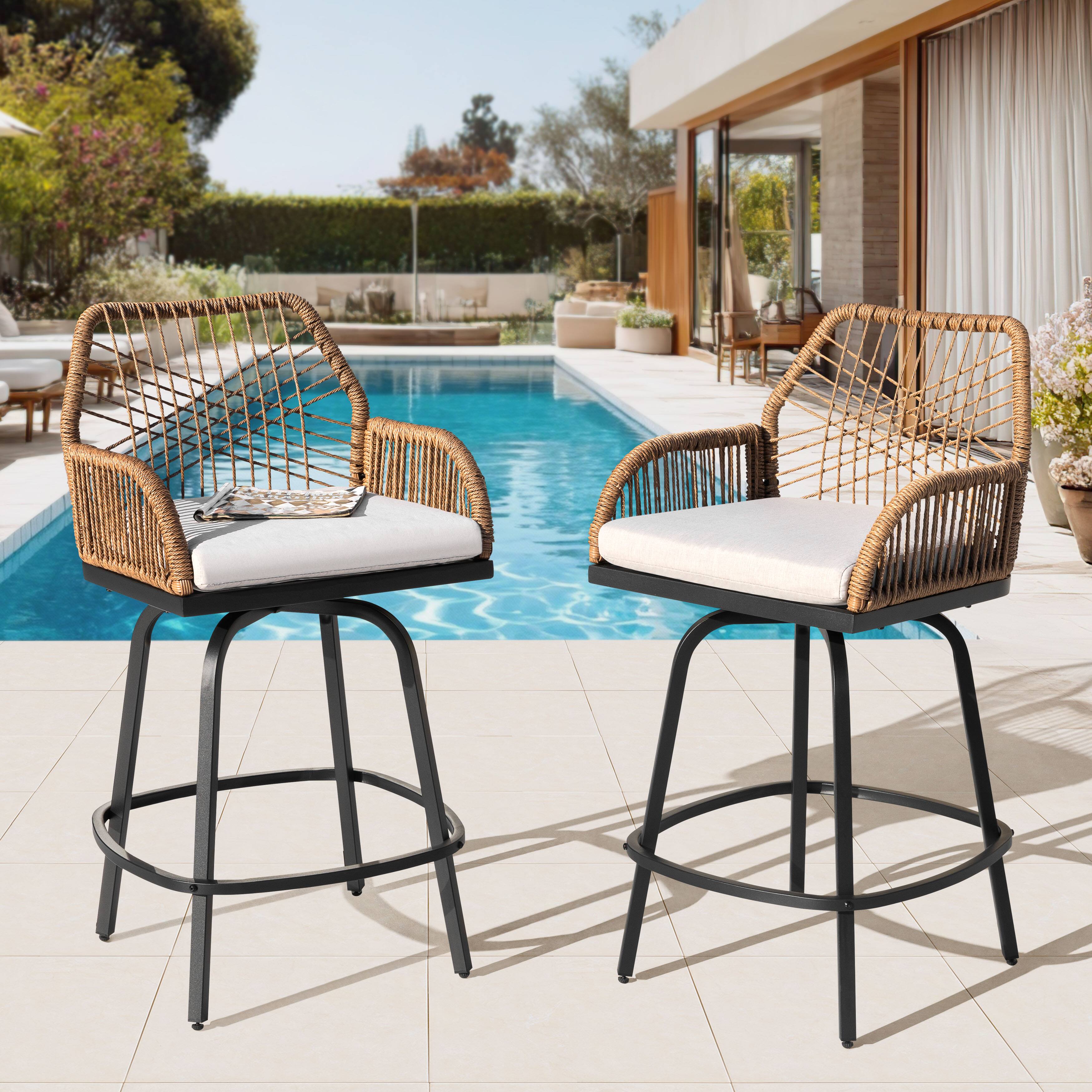 Front. Nuu Garden - 2-Piece Twisted Rattan Patio Bar Stools Set with Cushions, Swivel Design - Beige.