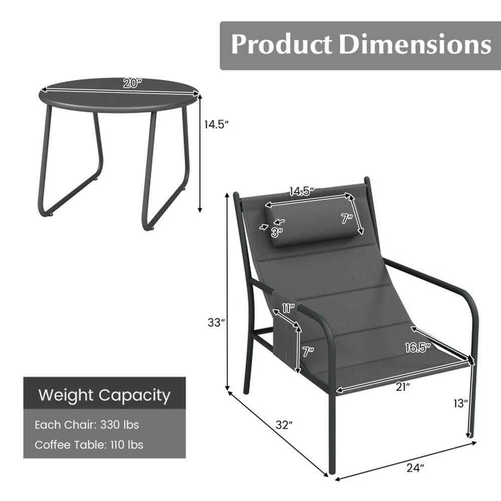 Product Dimensions  
- Coffee Table: 20" (diameter) x 14.5" (height)  
- Chair: 14.5" (width) x 7" (depth) x 33" (height)  
  - Seat: 21" (width) x 13" (depth)  
  - Backrest: 16.5" (width) x 11" (height)  

Weight Capacity  
- Each Chair: 330 lbs  
- Coffee Table: 110 lbs