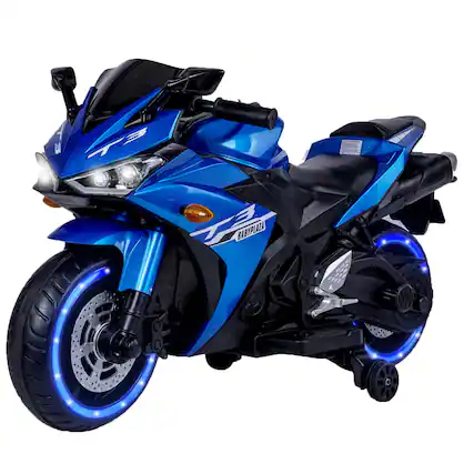 Front. Ecooso - Kids Motorcycle 12V Ride On Toy with Training Wheels, Manual Throttle, Hand Drive, Lighting Wheels, Ages 3-6 - Blue.