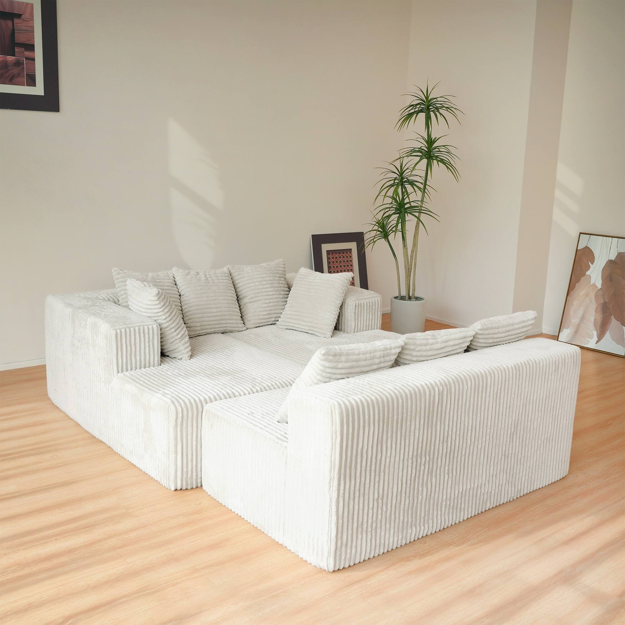 Alt View 2. Meqiodas - 130" Boneless Couch, Cloud Couch Sectional, Corduroy Sofa for Living Room, U Shaped Modular Sofa, No Assembly - Beige.