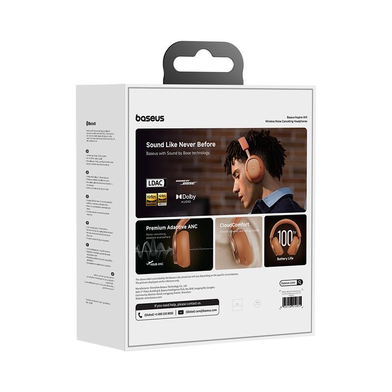 Sure, here is the corrected and grouped text from the image:

---

**Baseus**

**Sound Like Never Before**

Baseus with Sound by Bose technology

- LDAC
- Hi-Res Audio
- Dolby Audio
- Premium Adaptive ANC
- CloudComfort
- 100 MBANC de ANC
- Battery Life: 100 hours

**Features:**
- Wireless Noise Cancelling Headphones
- Premium Adaptive ANC
- CloudComfort: Soft ear cushions and a soft headband
- 100 hours battery life

**Contact:**
- Global: +800 220 8050
- Email: support@baseus.com

**Website:**
- baseus.com

**Barcode:**
- 6933108 133535

---

This text is grouped and corrected to reflect the information on the packaging.