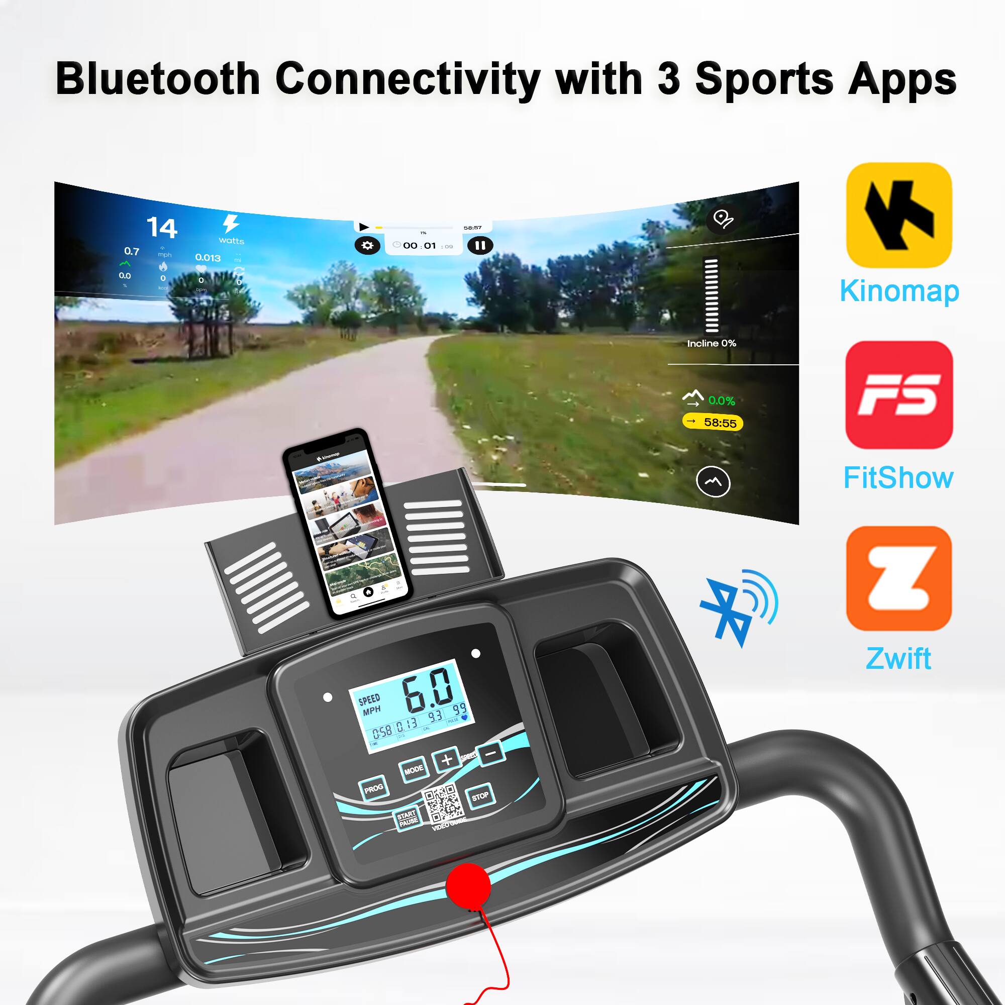 Bluetooth Connectivity with 3 Sports Apps

- Kinomap
- FitShow
- Zwift

14 watts
0.7 mph
0.013 A
0.0
Incline 0%
58:55
SPEED 6.0 MPH
058.013
93 99