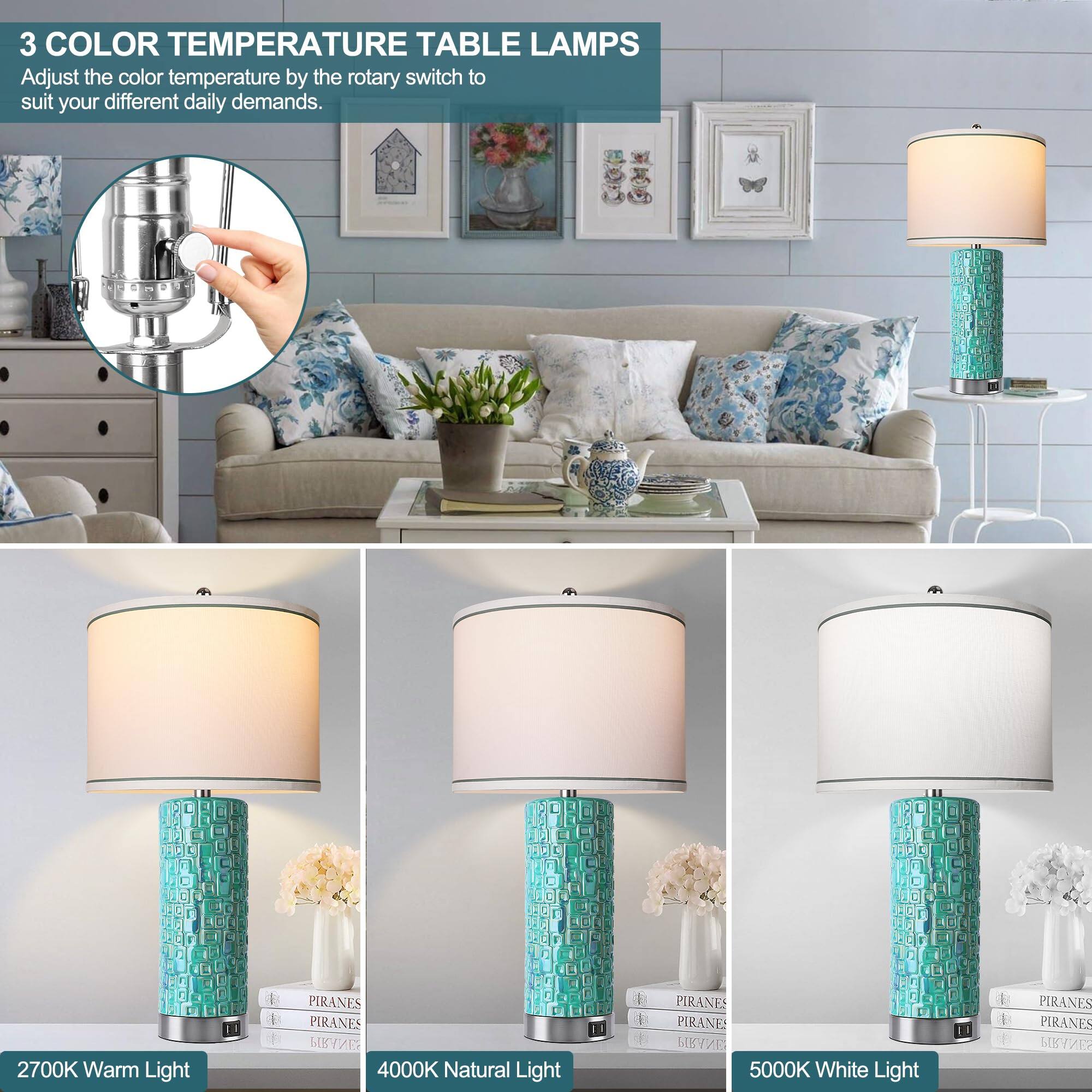 3 COLOR TEMPERATURE TABLE LAMPS

Adjust the color temperature by the rotary switch to suit your different daily demands.

2700K Warm Light  
4000K Natural Light  
5000K White Light