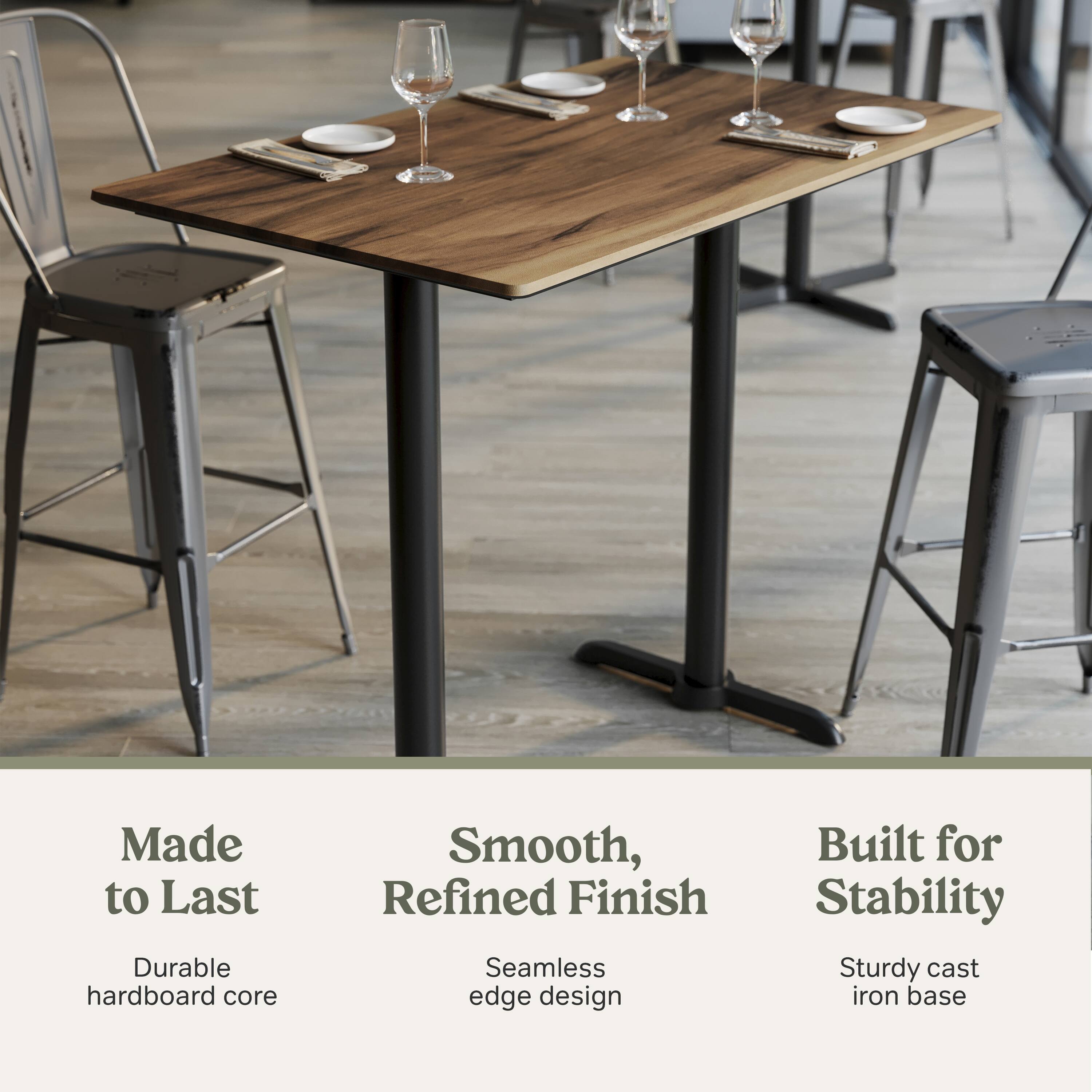 Made to Last  
Durable hardboard core  

Smooth, Refined Finish  
Seamless edge design  

Built for Stability  
Sturdy cast iron base