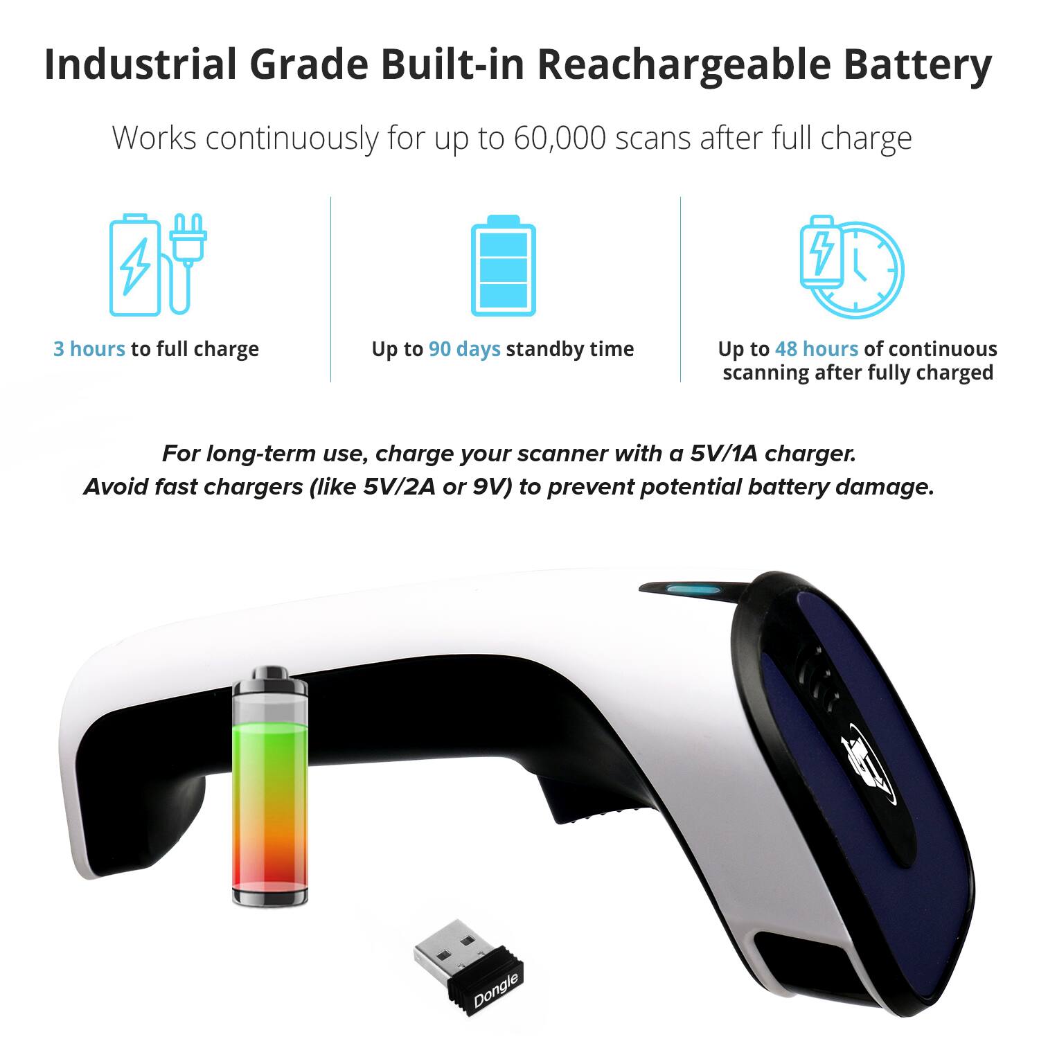 Industrial Grade Built-in Rechargeable Battery

Works continuously for up to 60,000 scans after full charge

- 3 hours to full charge
- Up to 90 days standby time
- Up to 48 hours of continuous scanning after fully charged

For long-term use, charge your scanner with a 5V/1A charger. Avoid fast chargers (like 5V/2A or 9V) to prevent potential battery damage.