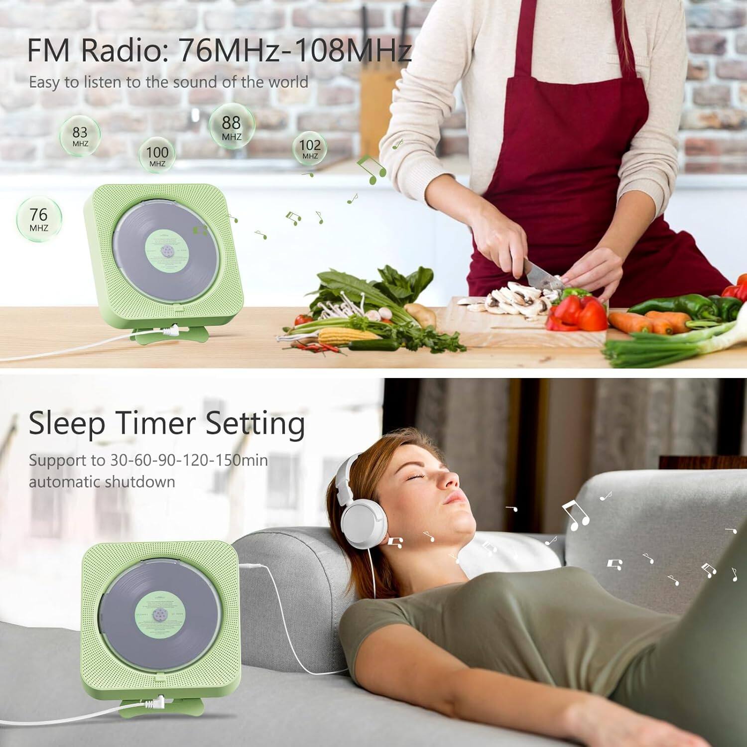 FM Radio: 76MHz-108MHz  
Easy to listen to the sound of the world  
83 MHz  
100 MHz  
88 MHz  
102 MHz  
76 MHz  

Sleep Timer Setting  
Support to 30-60-90-120-150min automatic shutdown