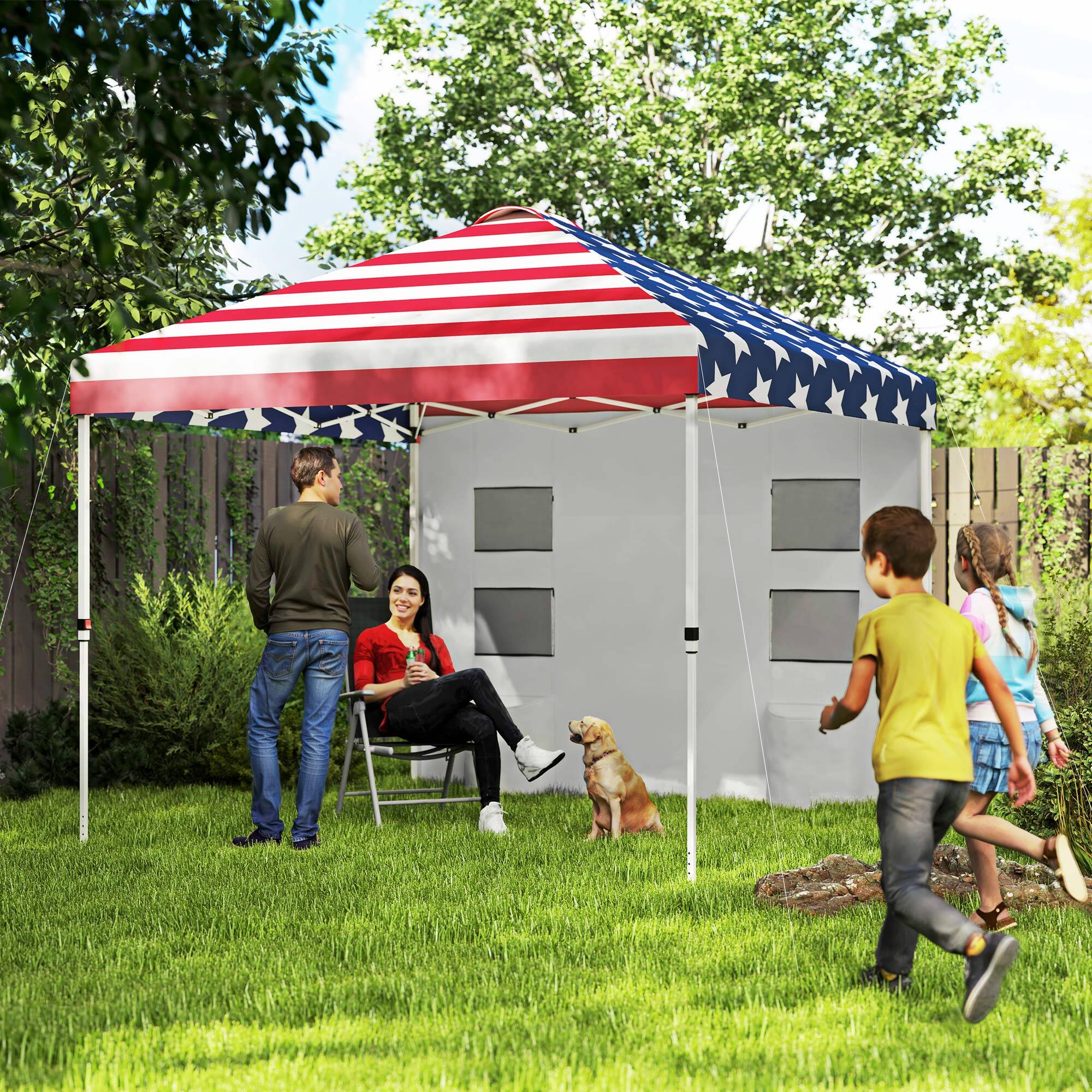 Alt View 1. Outsunny - 10' x 10' Pop Up Canopy Tent with Sidewall, UPF50+ Instant Sun Shelter with Storage Pockets, Vented Roof - American Flag Print.