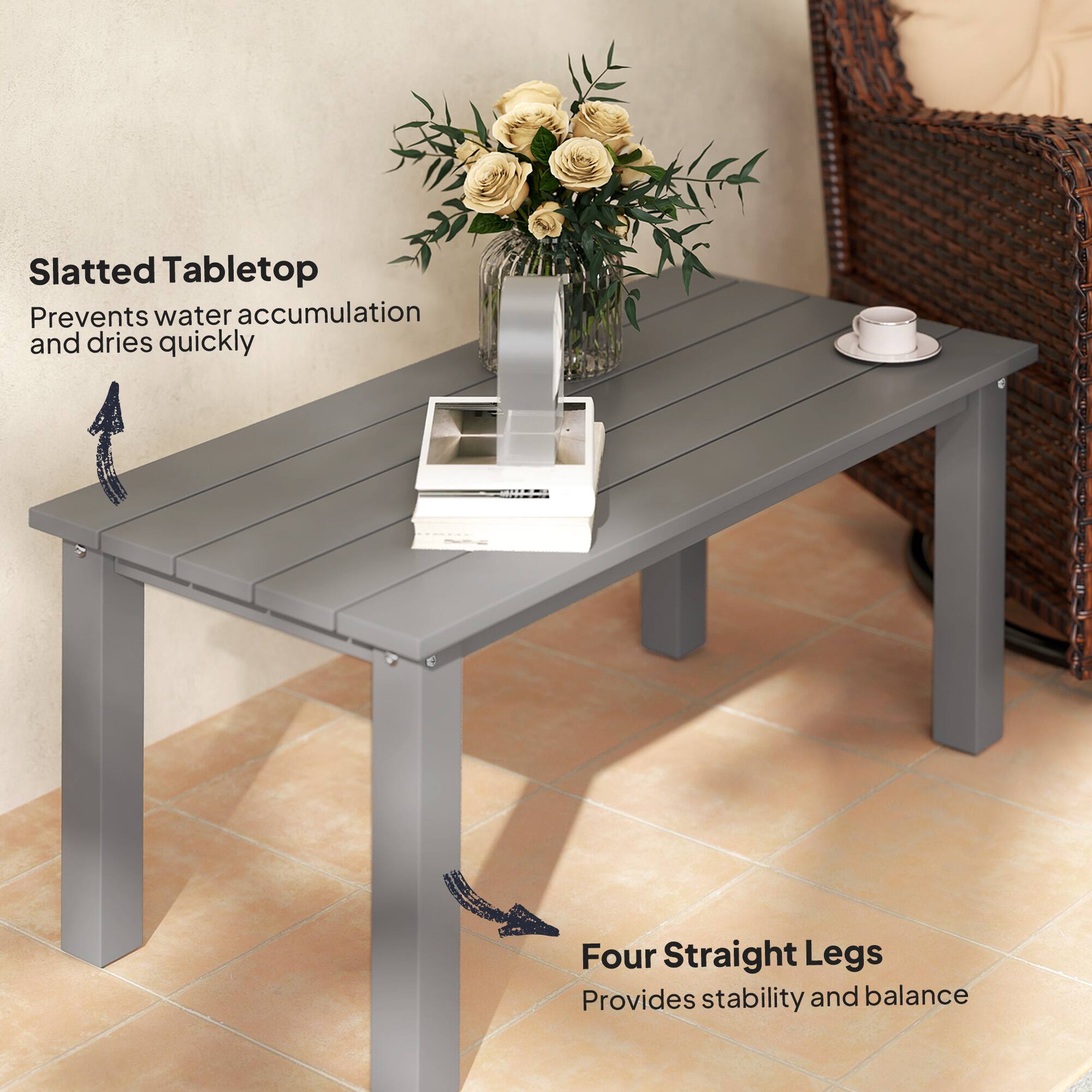 Slatted Tabletop
Prevents water accumulation and dries quickly

Four Straight Legs
Provides stability and balance