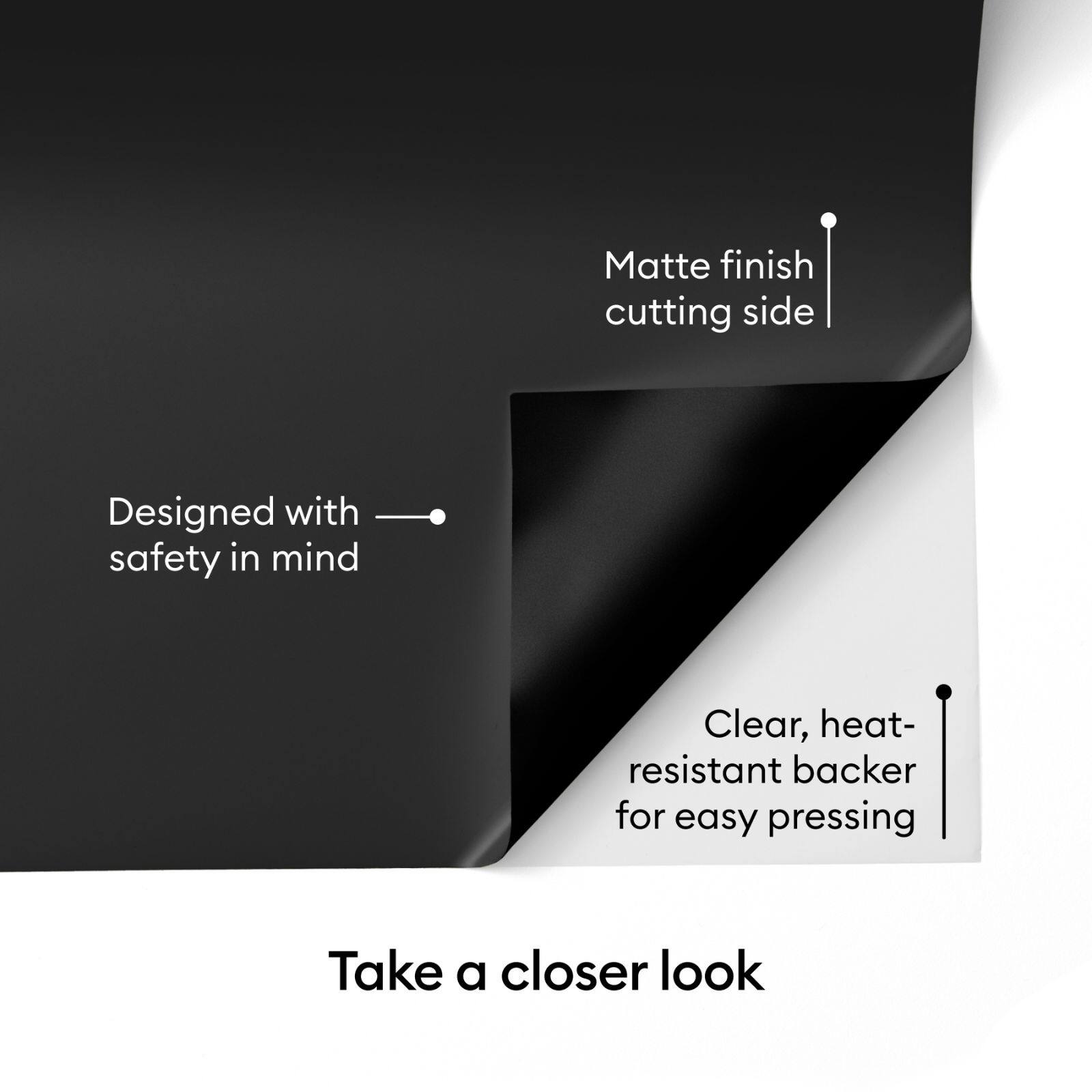 Matte finish cutting side  
Designed with safety in mind  
Clear, heat-resistant backer for easy pressing  

Take a closer look