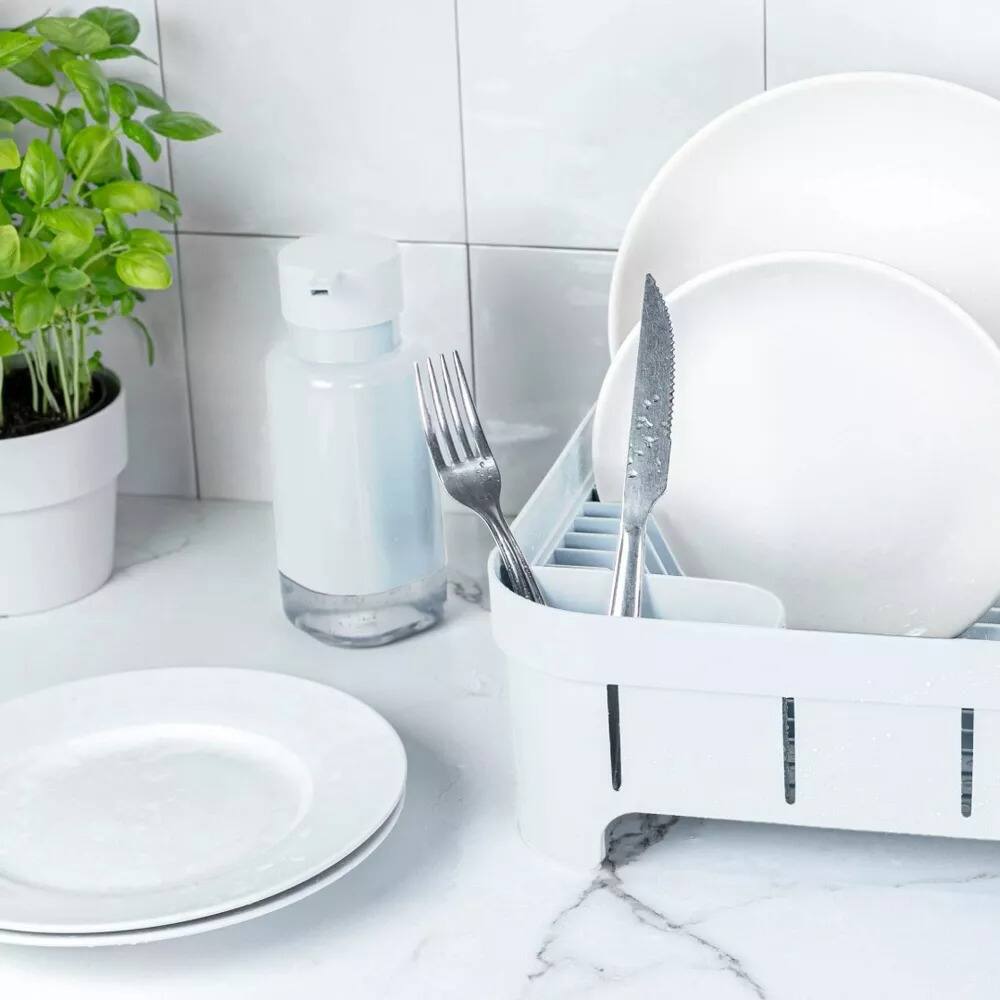Back. OU - OU Dish Drying Rack for Kitchen Counter, Freestanding Plastic Dish Strainer with Utensil Holder - White - White.