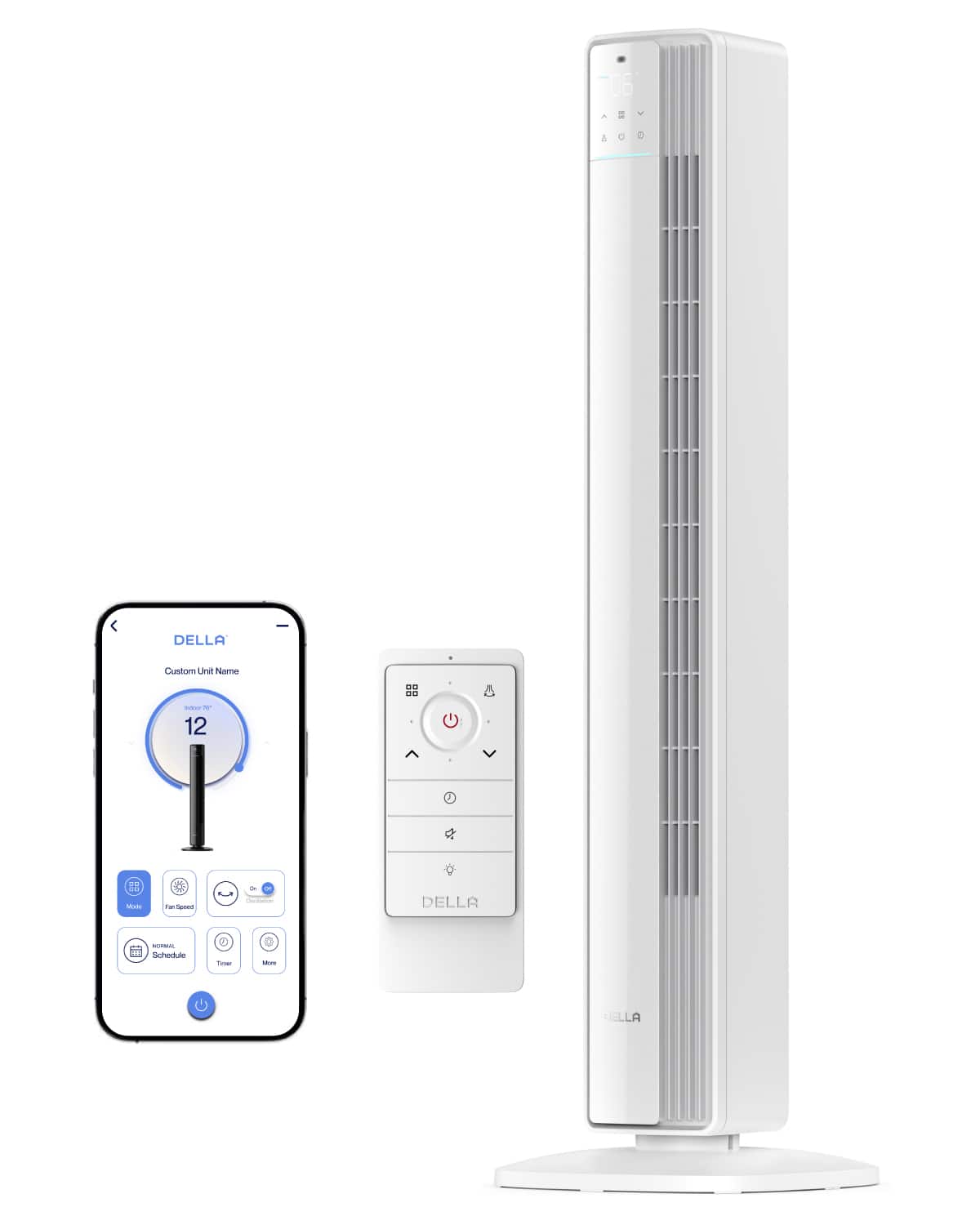 Della - 42" Smart Tower, 28ft/s Airflow, Ultra Quiet 23dB, Cooling Fan with 12 Speeds, 90° Oscillating, DC Motor - White