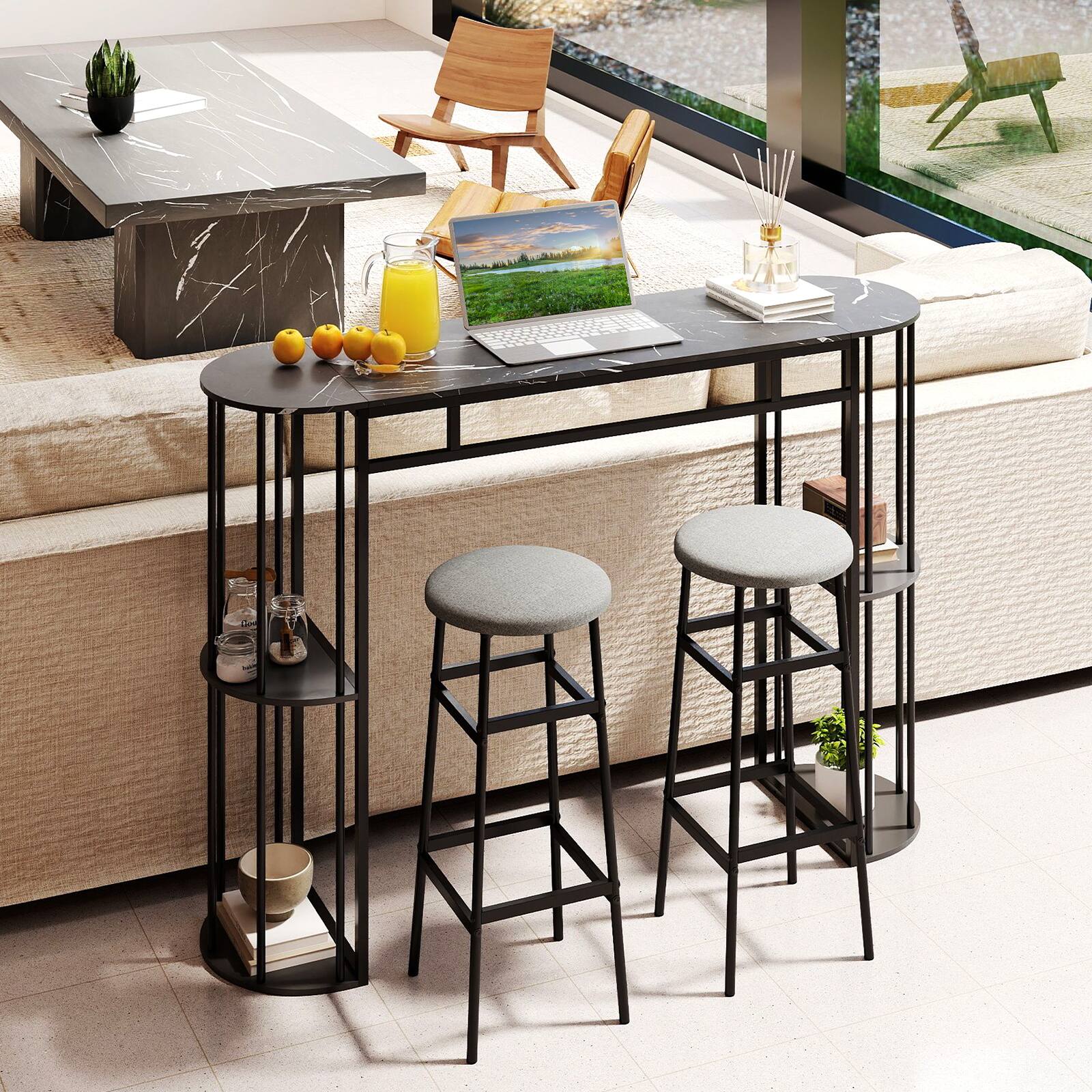 Alt View 3. Gymax - Gymax 60'' Long Bar Table Narrow Pub Table w/Faux Marble Tabletop & Storage Shelves Grey - Black.