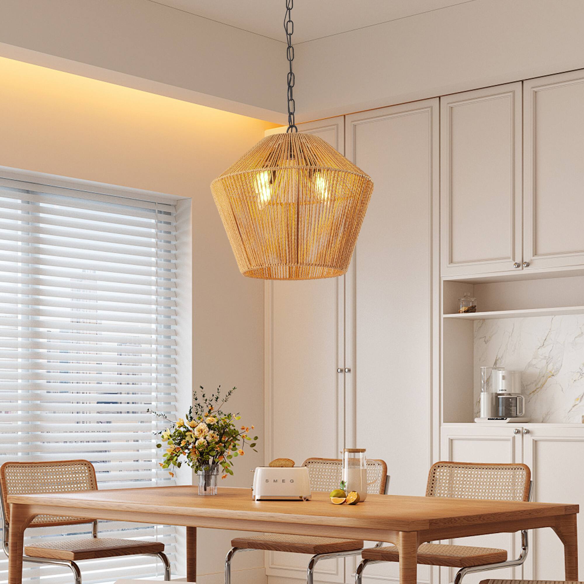 Back. APRILSOUL - 17Inch Boho Hemp Rope Pendant Light Handcrafted Hanging Light Fixture Natural Finish Adjustable Height Bulb Not Included.