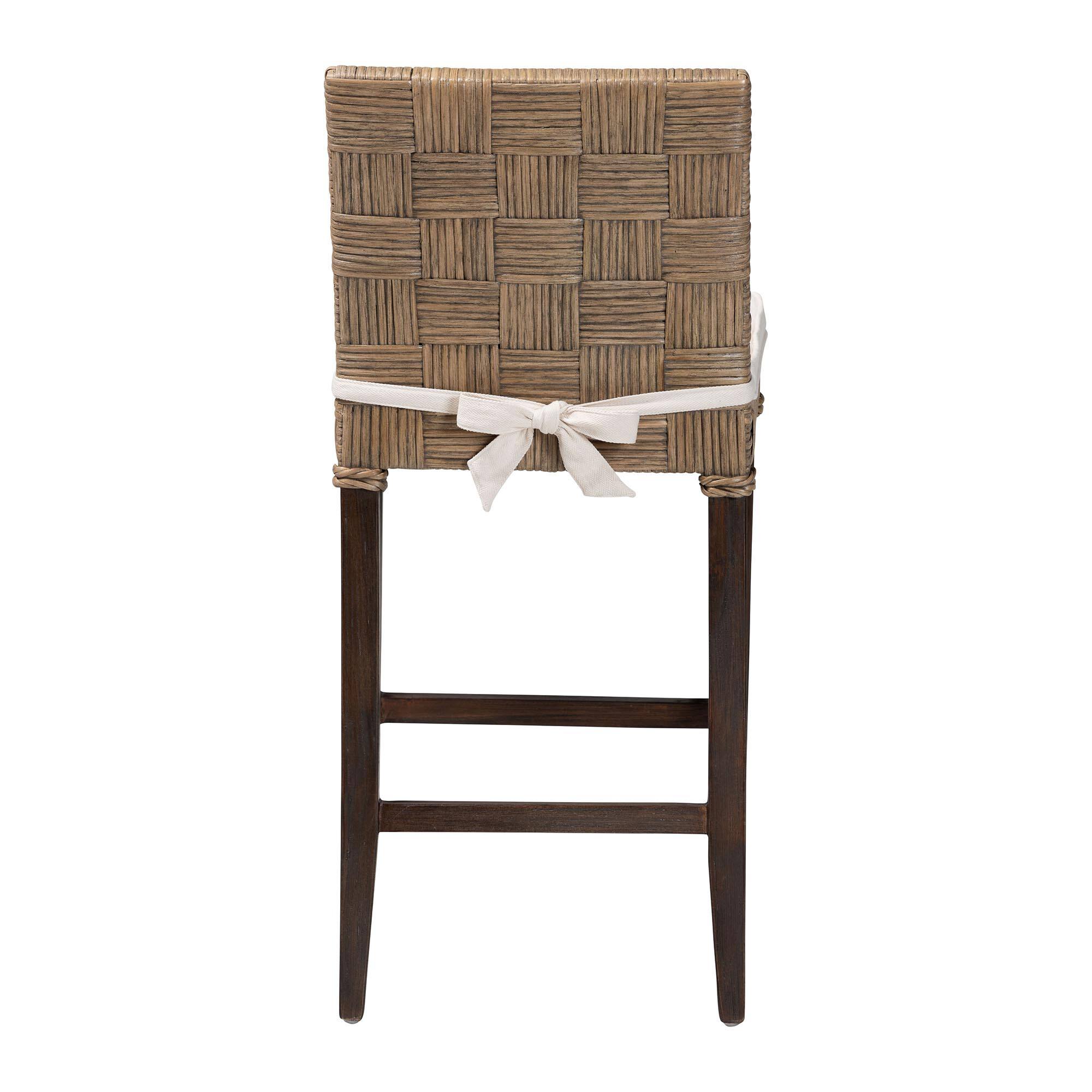 Back. bali & pari - Fatima Natural Rattan Counter Stool with Cushion – Handwoven Wicker Stool with Basketweave Back and Seat - Grey Taupe/Black.