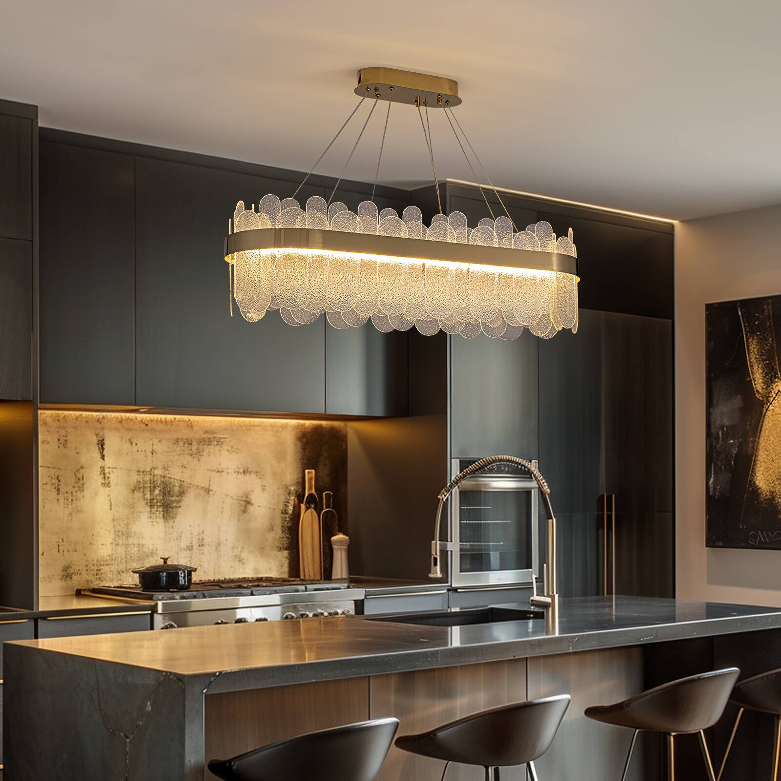 Alt View 1. Siljoy - 39.4" Gold Linear Crystal Glass Chandelier, Dimmable LED Pendant Light for Dining Room Kitchen Island Living Foyer - Gold.