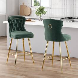 HTUTWOO - Set of 2 Velvet Counter Bar Stools, with Button Tufted & Nailhead Trim, Metal Legs for Kitchen Island, Dining Room & Pub - Green