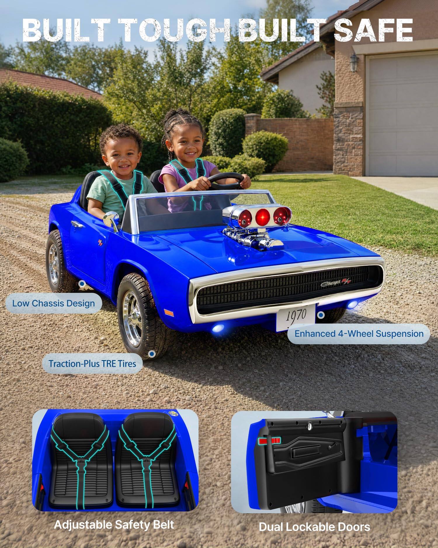 BUILT TOUGH BUILT SAFE

Charger

Low Chassis Design

1970 Enhanced 4-Wheel Suspension

Traction-Plus TRE Tires

Adjustable Safety Belt

Dual Lockable Doors