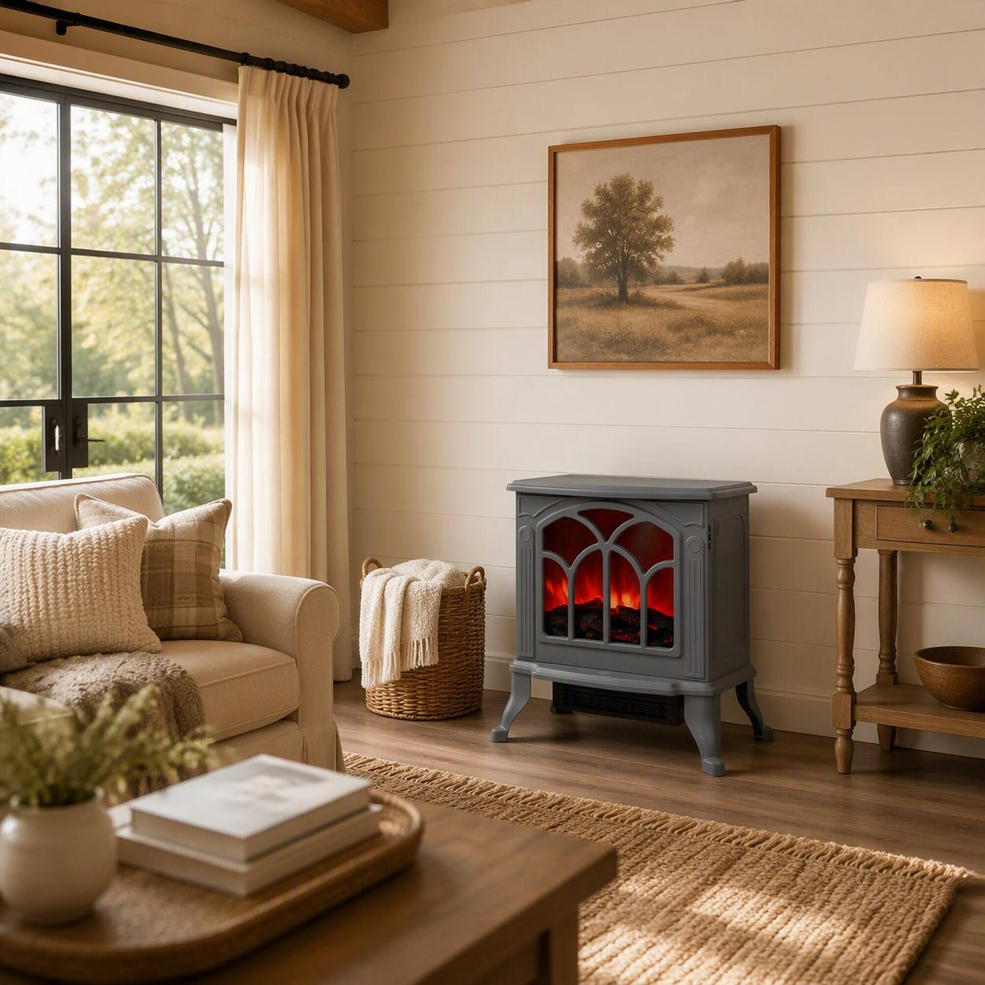 Angle. RYHNUYNE - Vintage-Style Electric Stove Heater with Realistic Flame Effect, 750W/1500W Adjustable Heat - Gray.