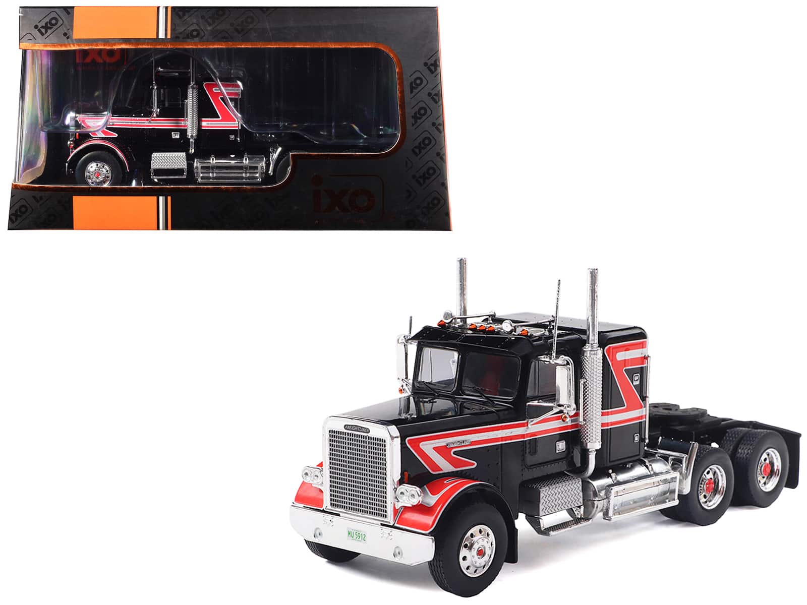 1977 Freightliner FLC 120 64 T Truck Tractor 1/43 Diecast Model by IXO Models - Black with Red and White Stripes