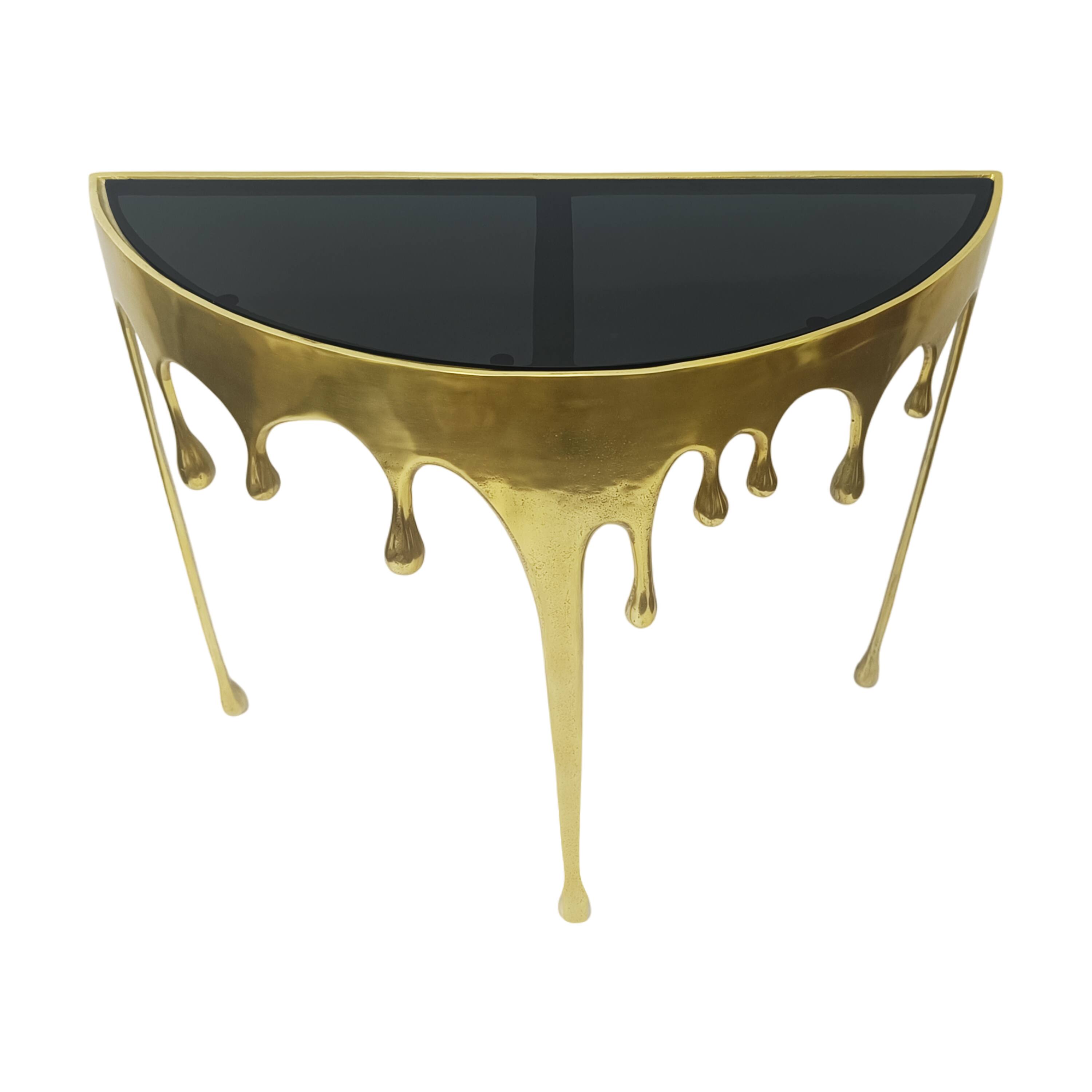 Alt View 4. Manhattan Lane - Capri Sofa Console Table | 36.25" Half Moon Glass Top | Melting Drip Design | Aluminum Cast - Gold, Black.