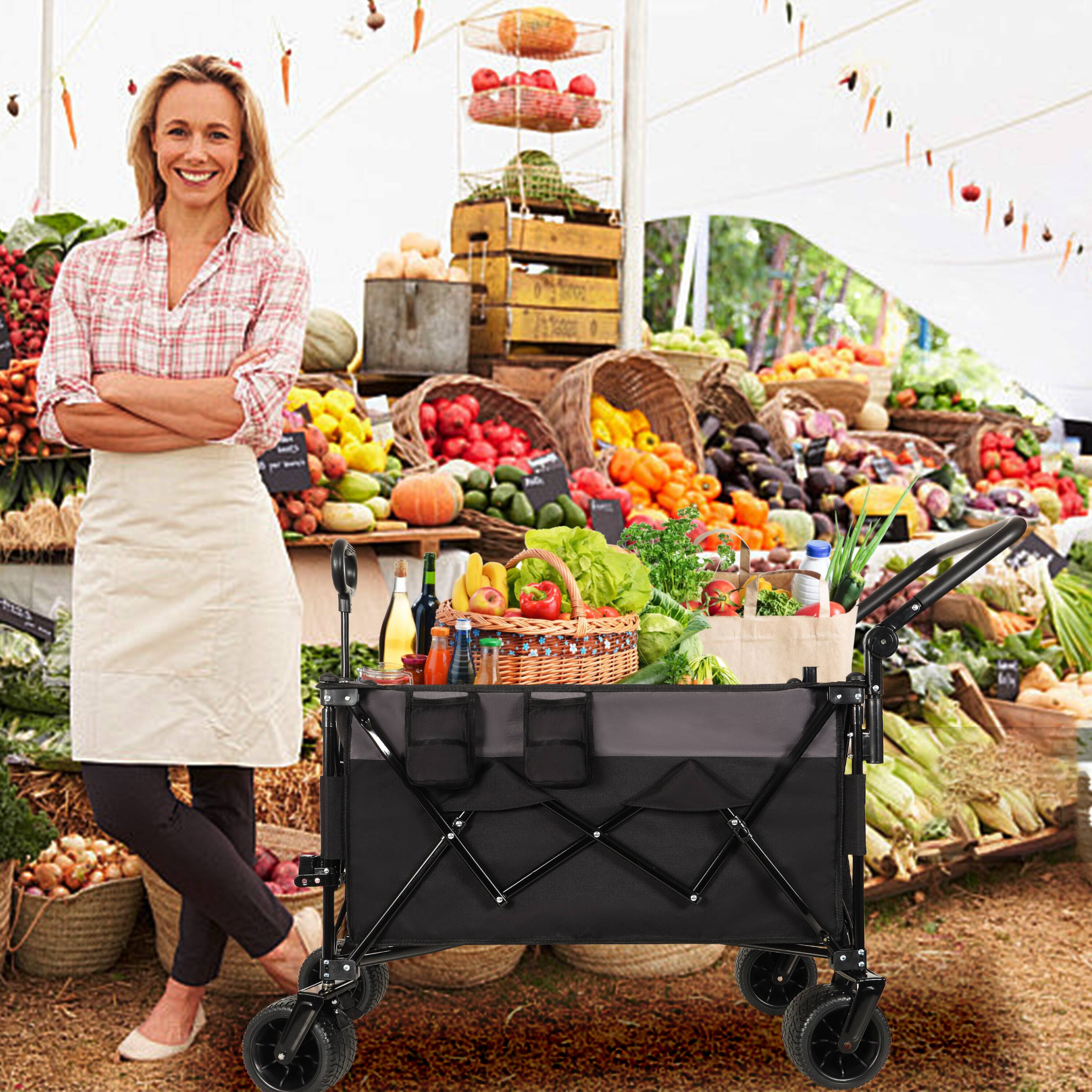 Back. APRILSOUL - Multi-Functional Push-Pull Folding Wagon Cart with Rotating Handle and 360° All-Terrain Wheels Large Capacity Black Gray - Black+ Gray.