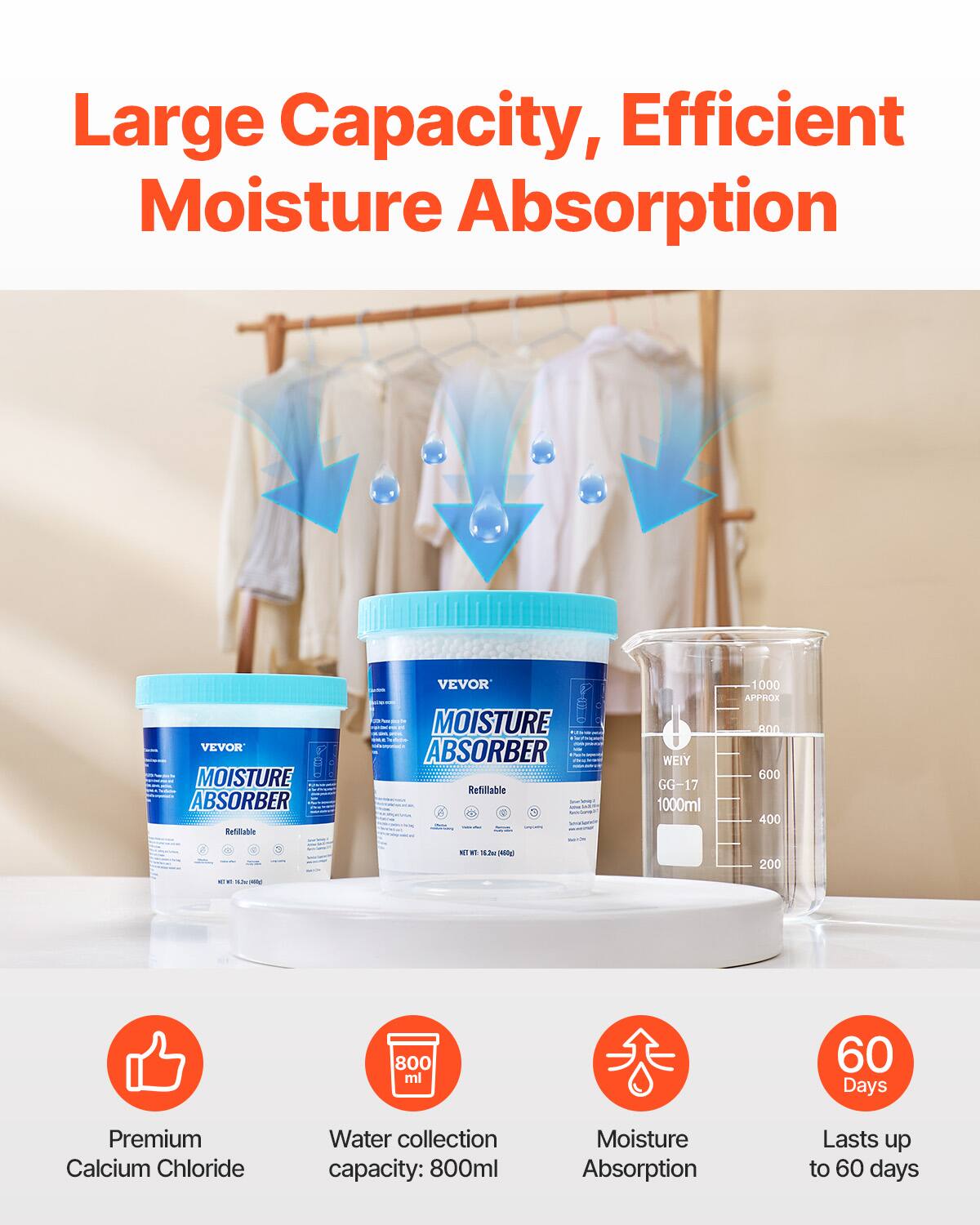 Large Capacity, Efficient Moisture Absorption

VEVOR MOISTURE ABSORBER Refillable

- Premium Calcium Chloride
- Water collection capacity: 800ml
- Moisture Absorption
- Lasts up to 60 days