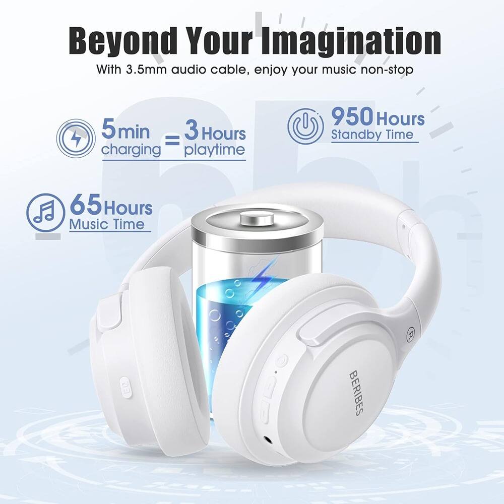 Beyond Your Imagination

With 3.5mm audio cable, enjoy your music non-stop

5 min = 3 Hours charging playtime

65 Hours Music Time

950 Hours Standby Time

BERIBES