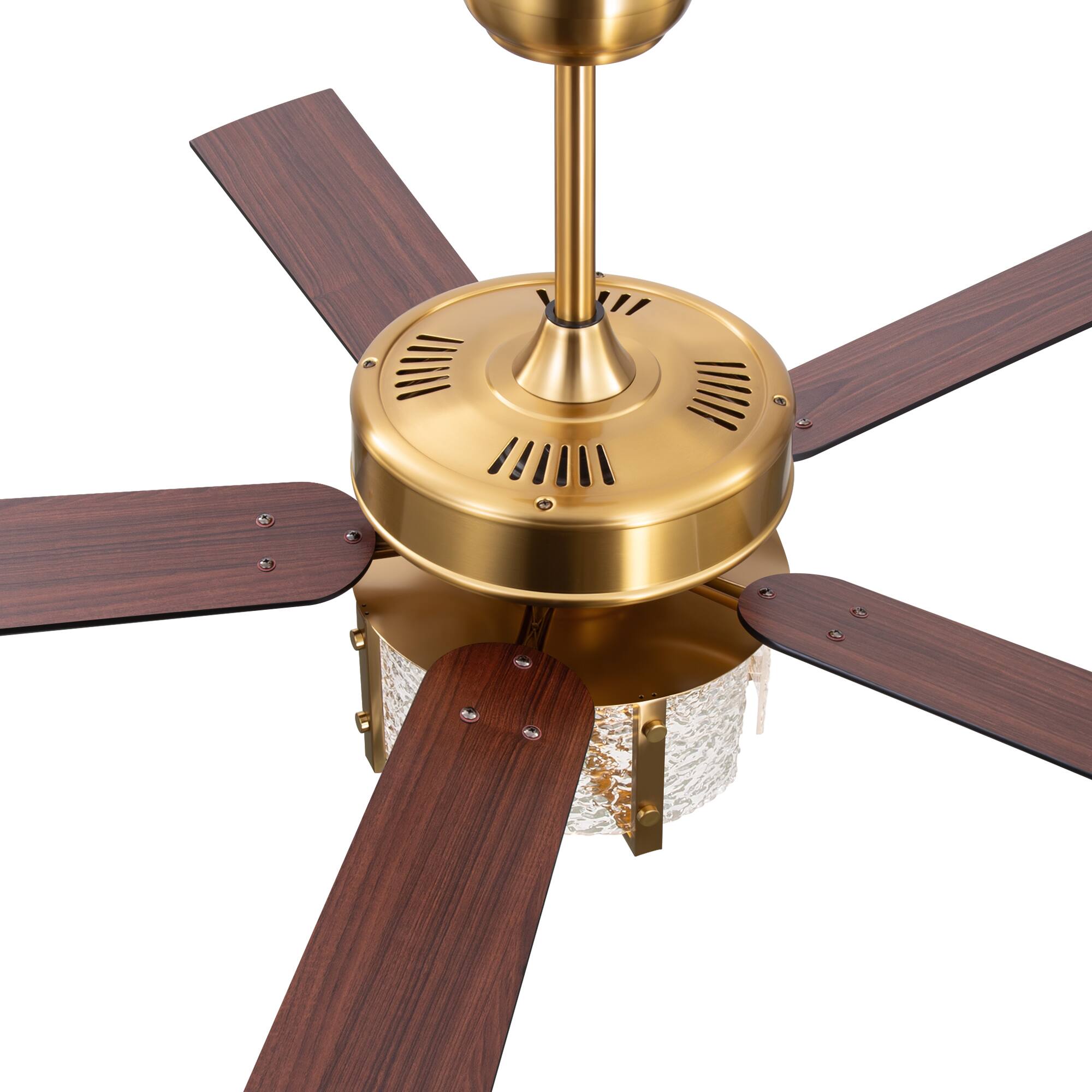 Alt View 9. Breezary - 52-Inch Large Ceiling Fan with Light Fixture, 5 Dual-Finish Plywood Blades, DC Motor, Remote Control, 5/10-Inch Downrods - Electroplated Gold with Black and Rich Walnut.
