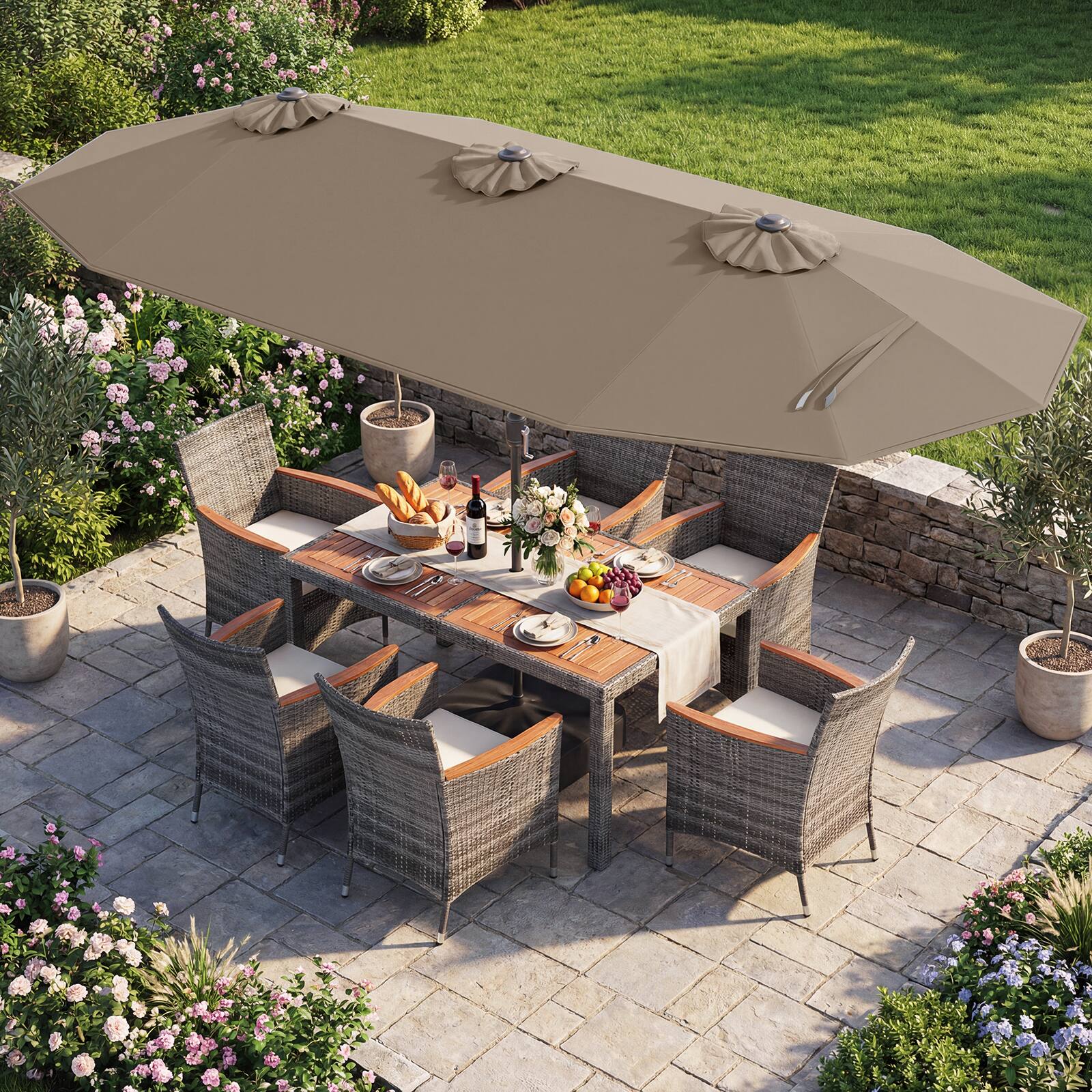 Alt View 1. Gymax - Gymax 8-Piece Patio Dining Set w/ Double-Sided Market Umbrella Acacia Wood Top Tan - Brown.