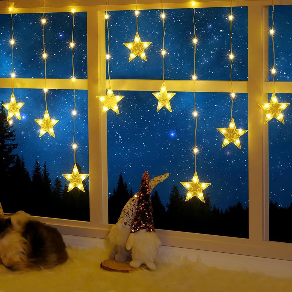 MOSZAR LLC - 76 LED Star Curtain Lights, Warm White/Multicolor, 8 Modes, Waterproof