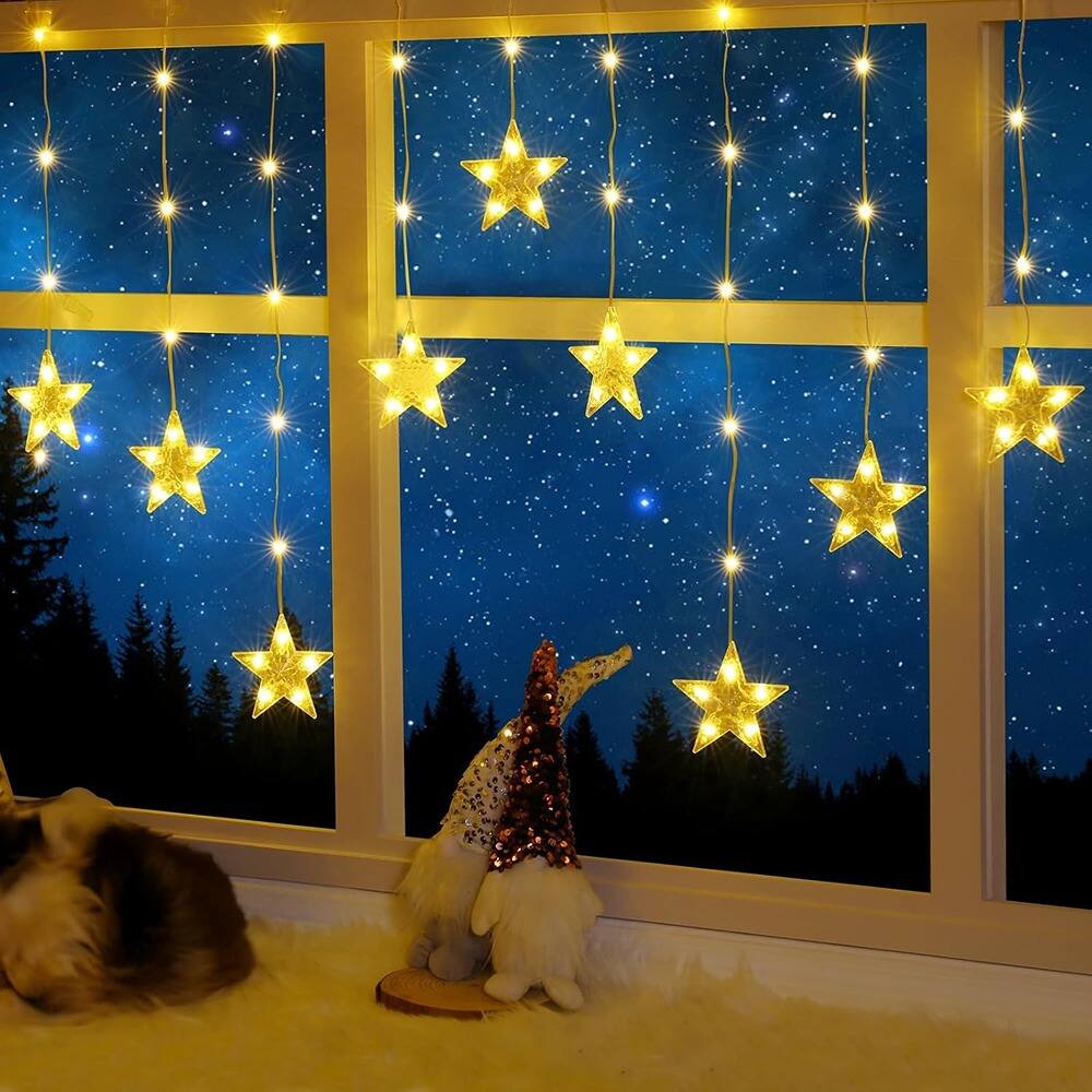 Front. MOSZAR LLC - 76 LED Star Curtain Lights, Warm White/Multicolor, 8 Modes, Waterproof.
