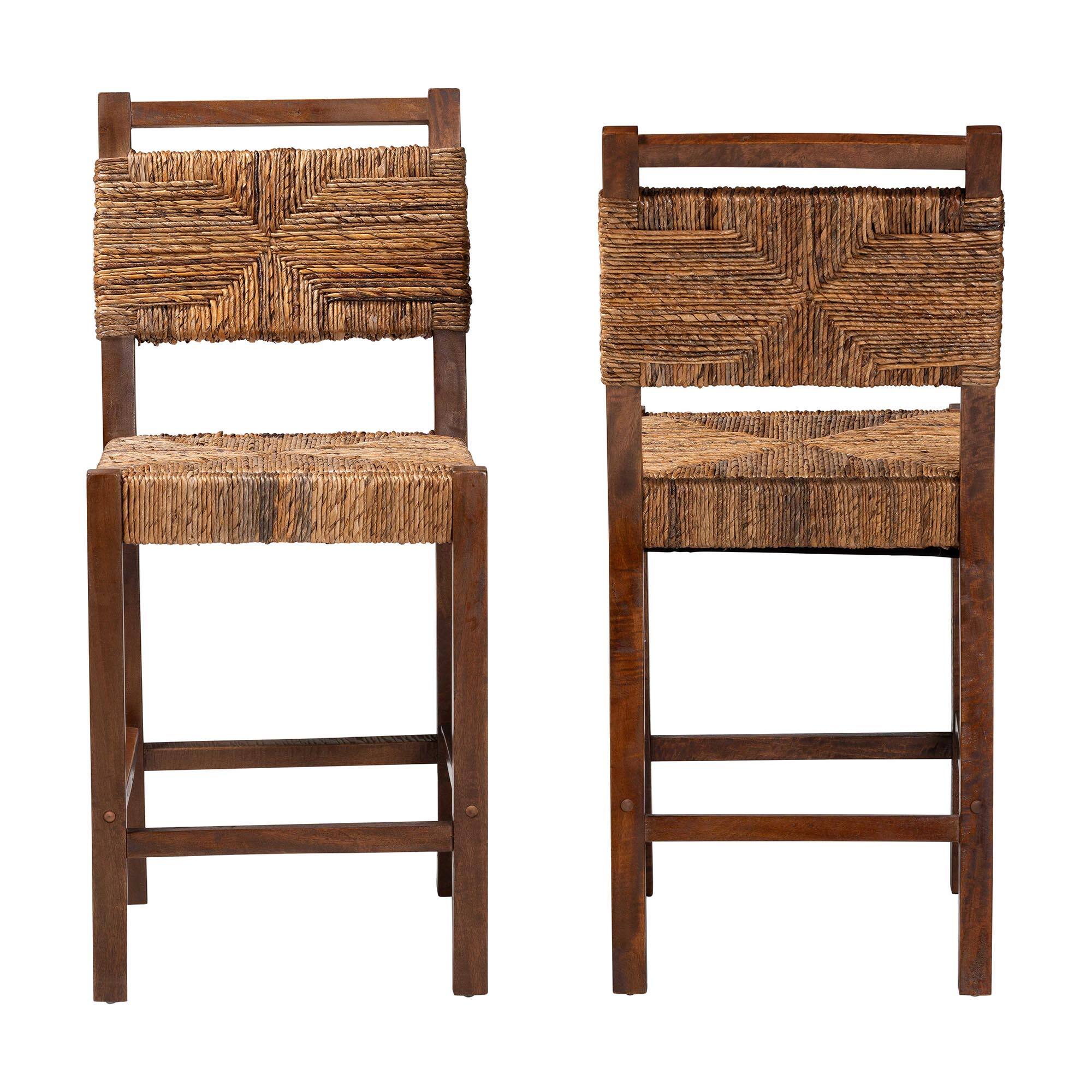 Angle. bali & pari - Cordoba Bohemian Natural Seagrass and Mahogany Wood 2-Piece Counter Stool Set - Natural Seagrass/Teak.