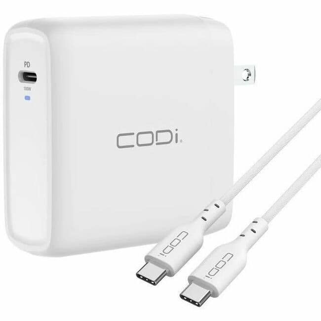 CODi - 100W Wall USB-C Charger with 6.5ft USB2.0 EPR Braided Cable - Ultra-fast 100W Power Delivery wall charger with - Black
