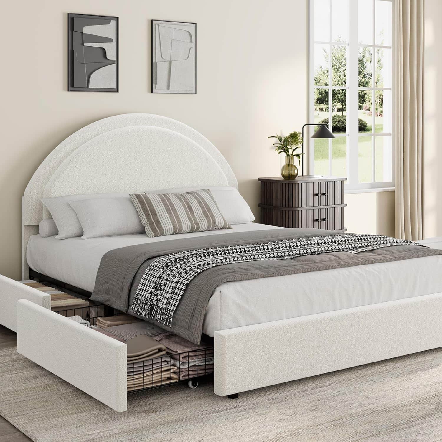 Homhougo - Queen Boucle Bed Frame with Storage Drawers, Upholstered Platform Bed with Round Headboard, Sturdy - White