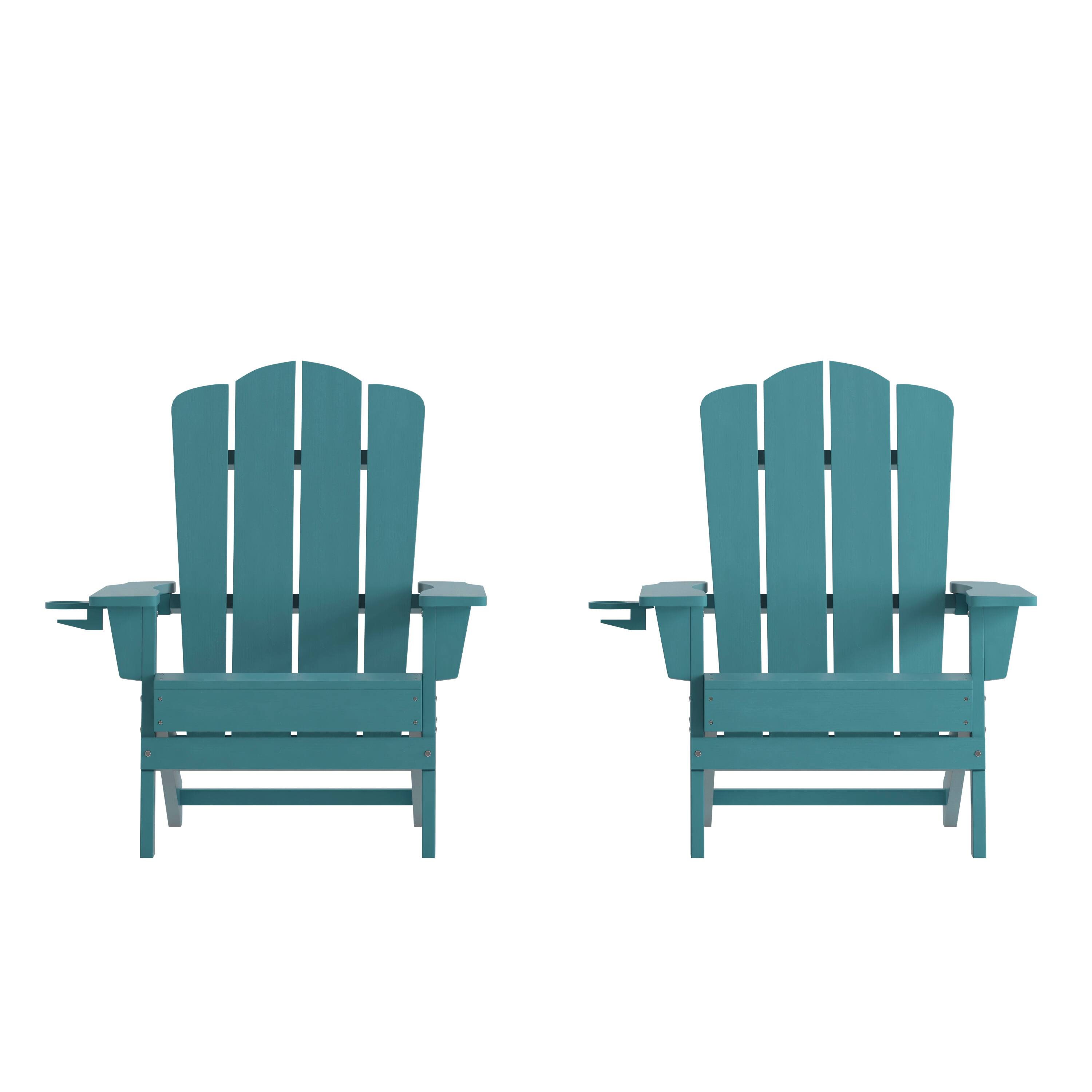 Emma + Oliver - Tiverton Set of 2 Adirondack Chairs with Cup Holders, Weather Resistant HDPE Adirondack Chairs - Blue