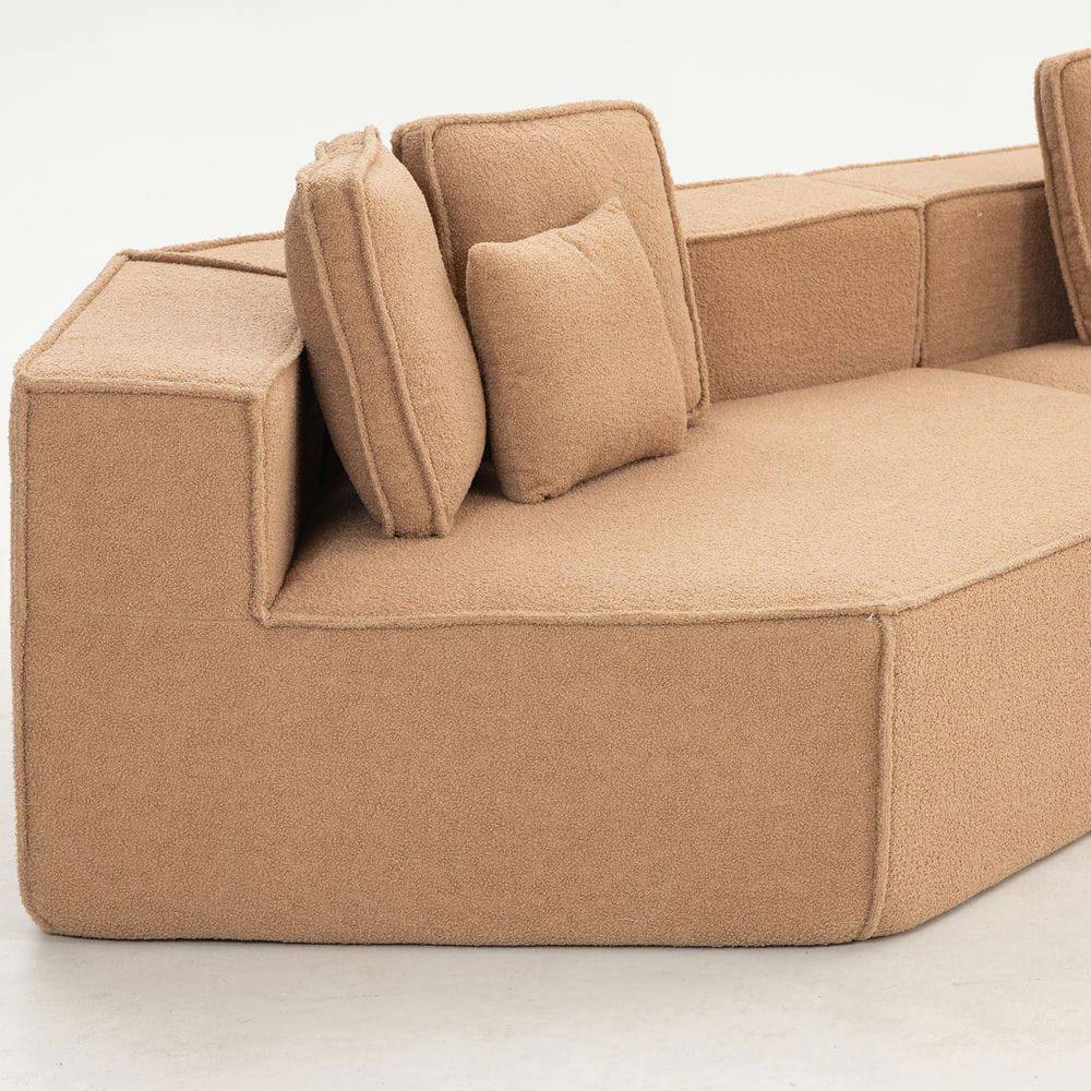 Left. Kadyn - 132" Oversized Teddy Modular Sofa - Full-Foam Couch with 6 Pillows, High-Density Support for Family Living Rooms - Brown.