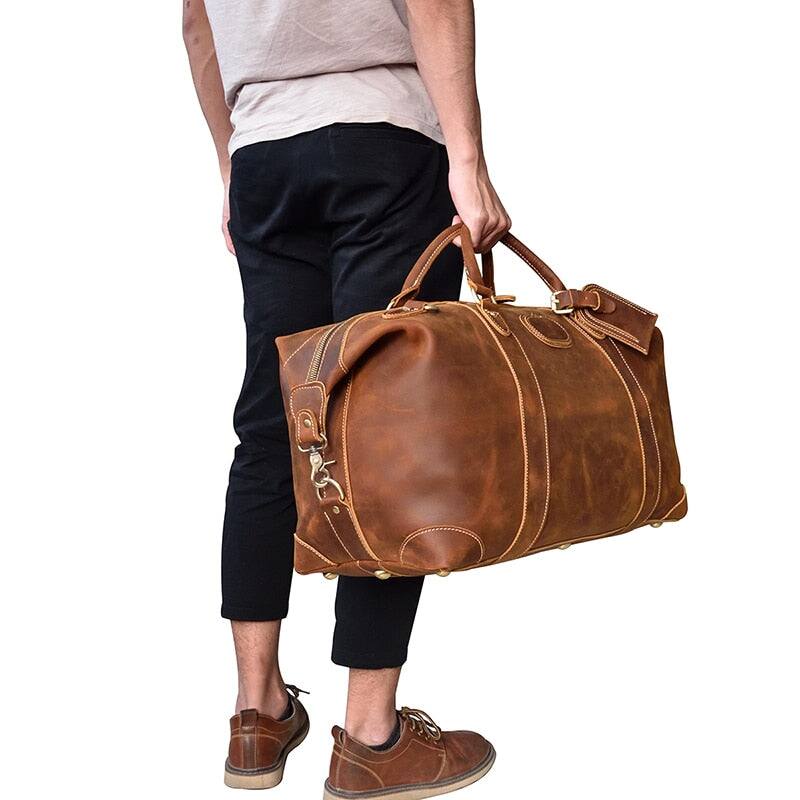 Back. Steel Horse Leather - The Eira Duffle Bag | Vintage Leather Weekender - Brown.