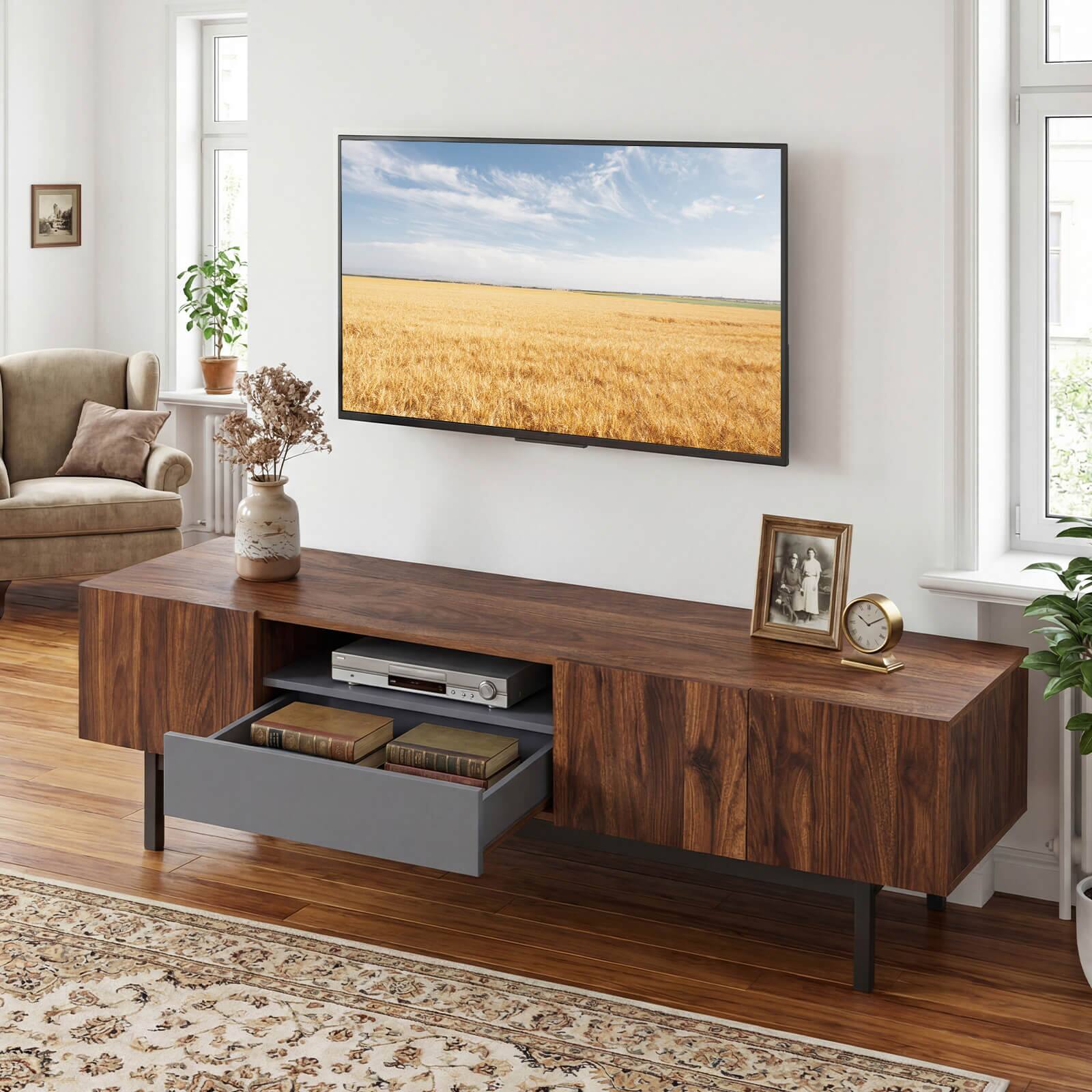 Alt View 3. Costway - Costway TV Stand for TVs up to 80" with Drawer Cable Hole Metal Legs Entertainment Center - Walnut,Gray.
